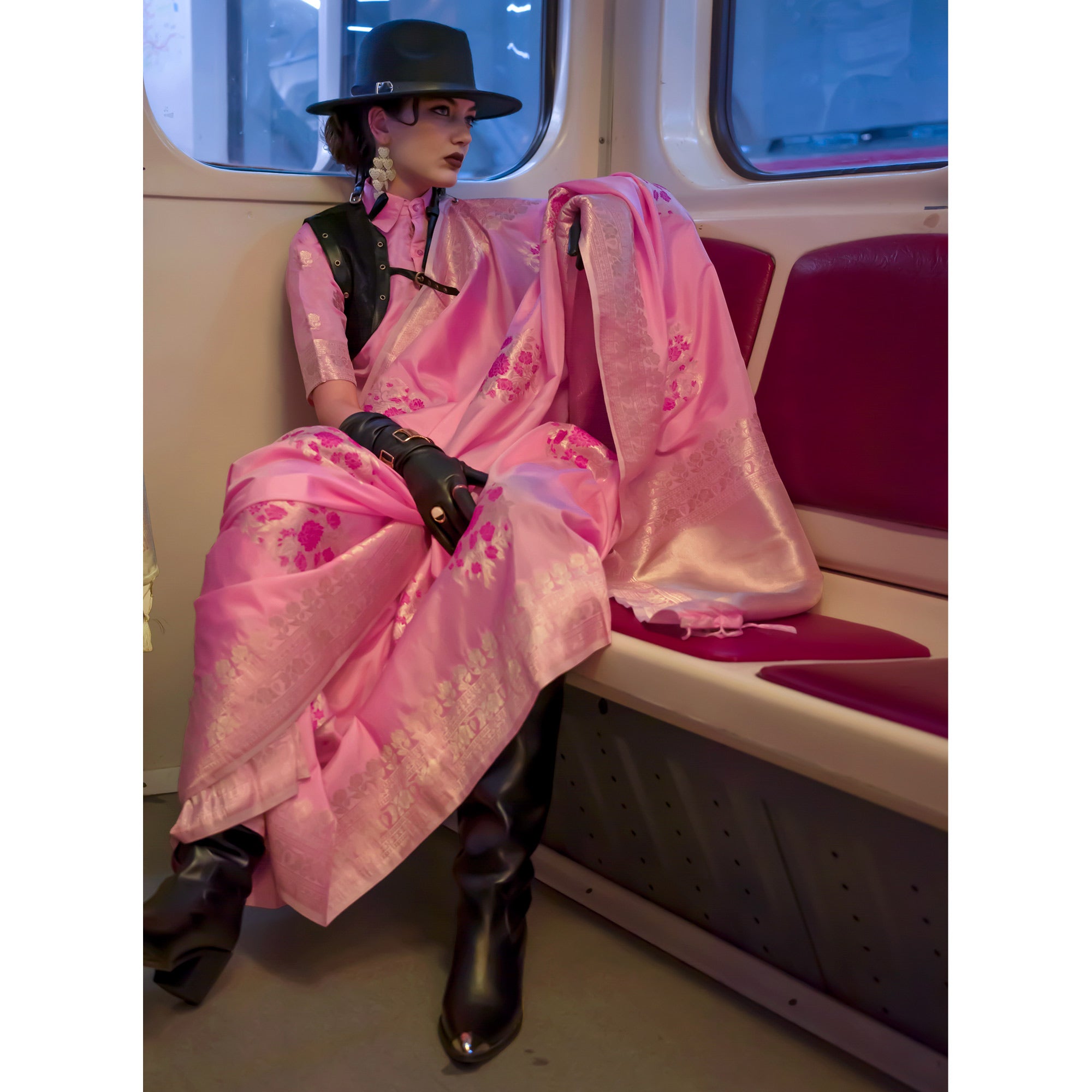 Pink Floral Woven Art Silk Saree With Tassels