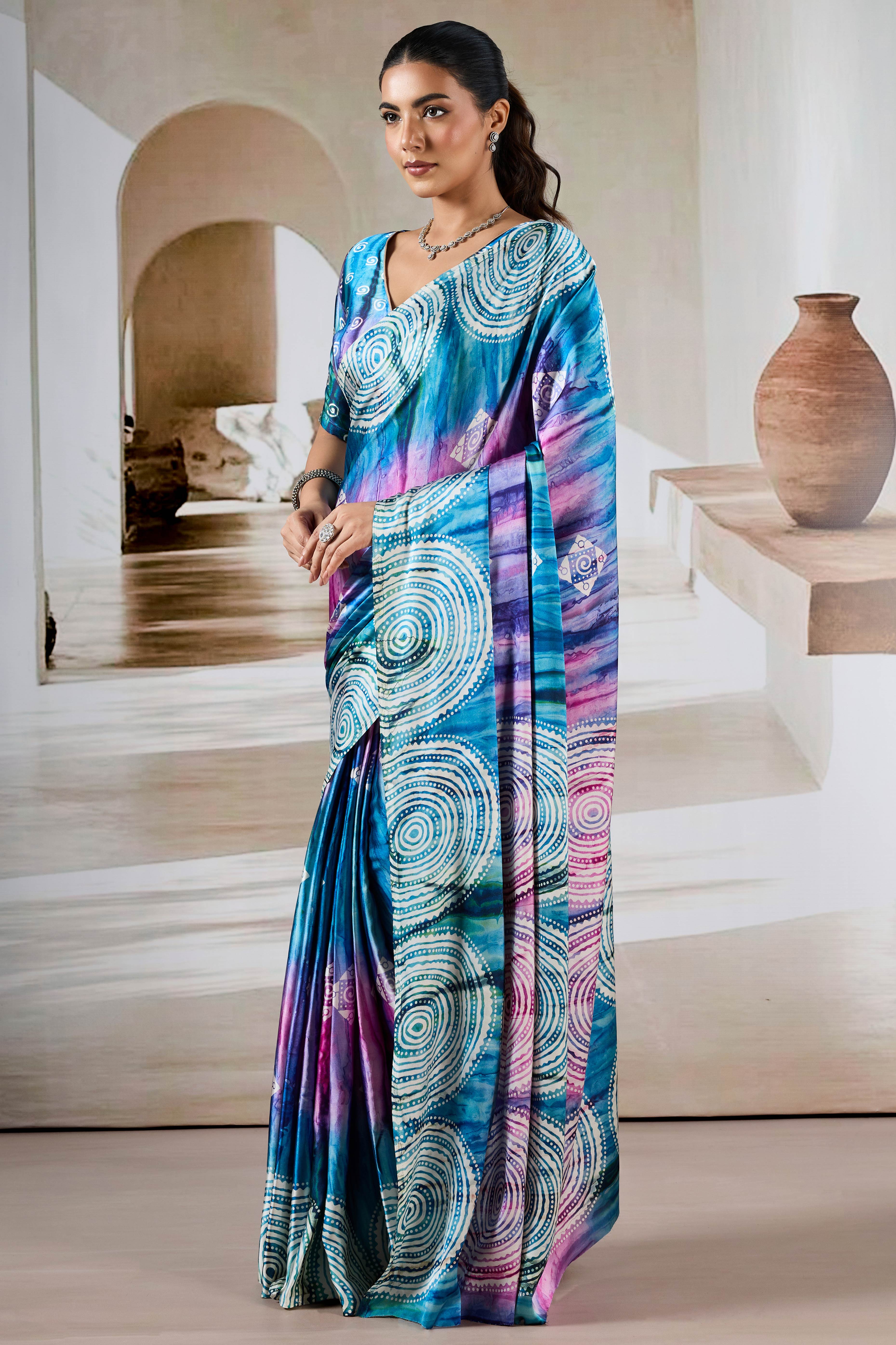 Luxury Blue Abstract Prism Print Modal Satin Saree Featuring Artistic Work