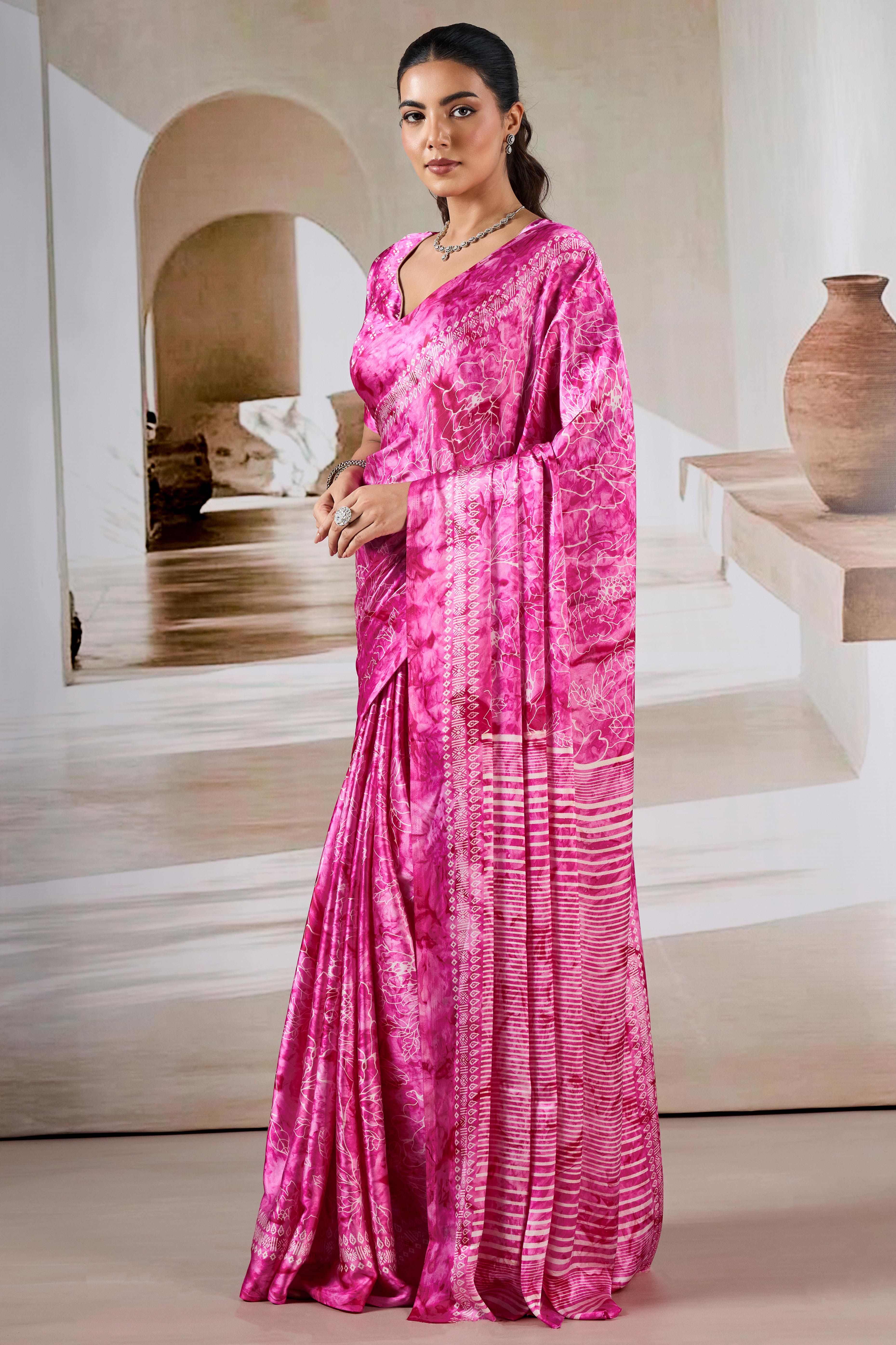 Luxury Pink Abstract Prism Print Modal Satin Saree Featuring Artistic Work