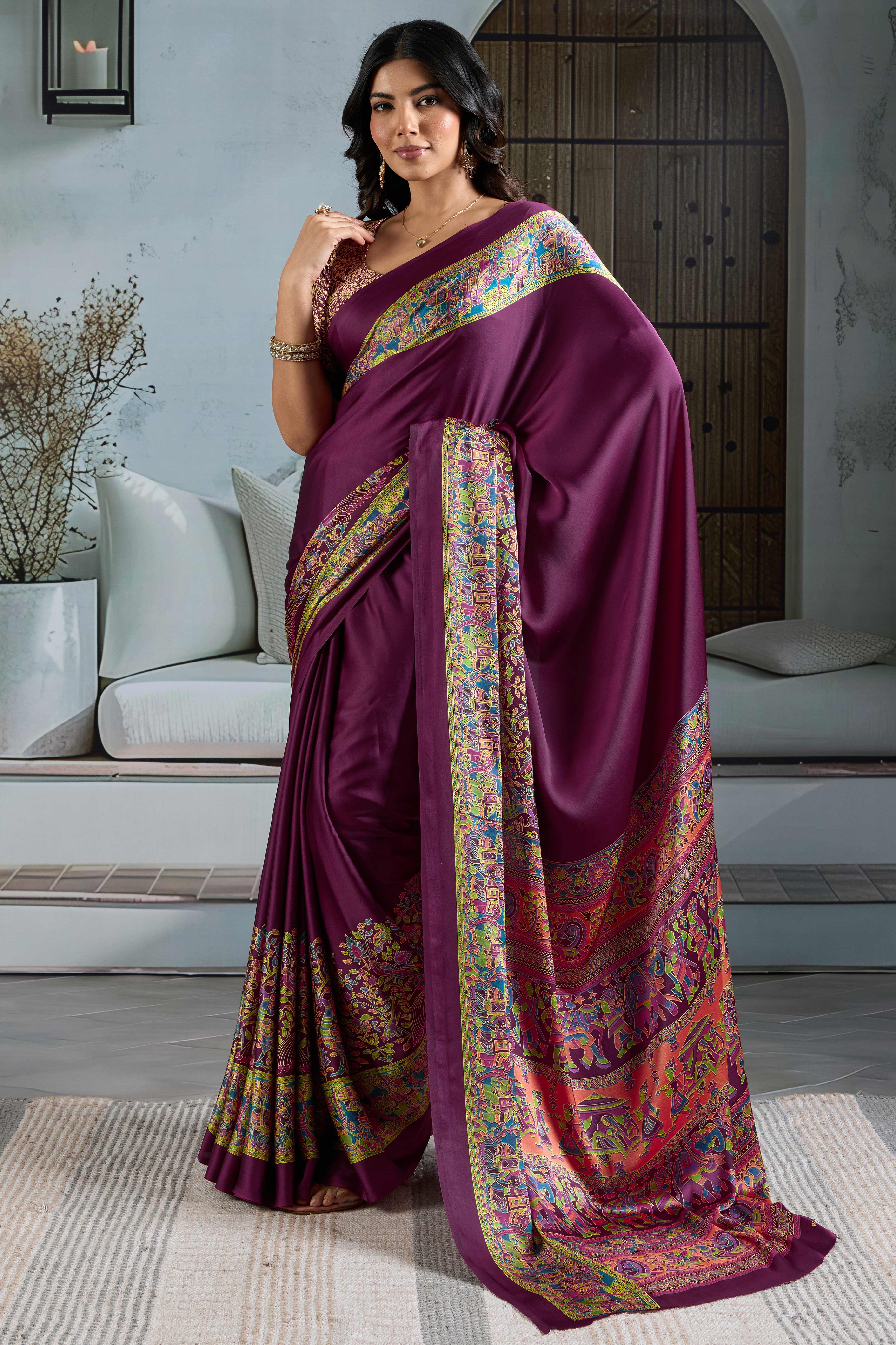 Classic Wine Solid Modal Satin Saree With Multicolor Traditional Folk Art Printed Border & Pallu