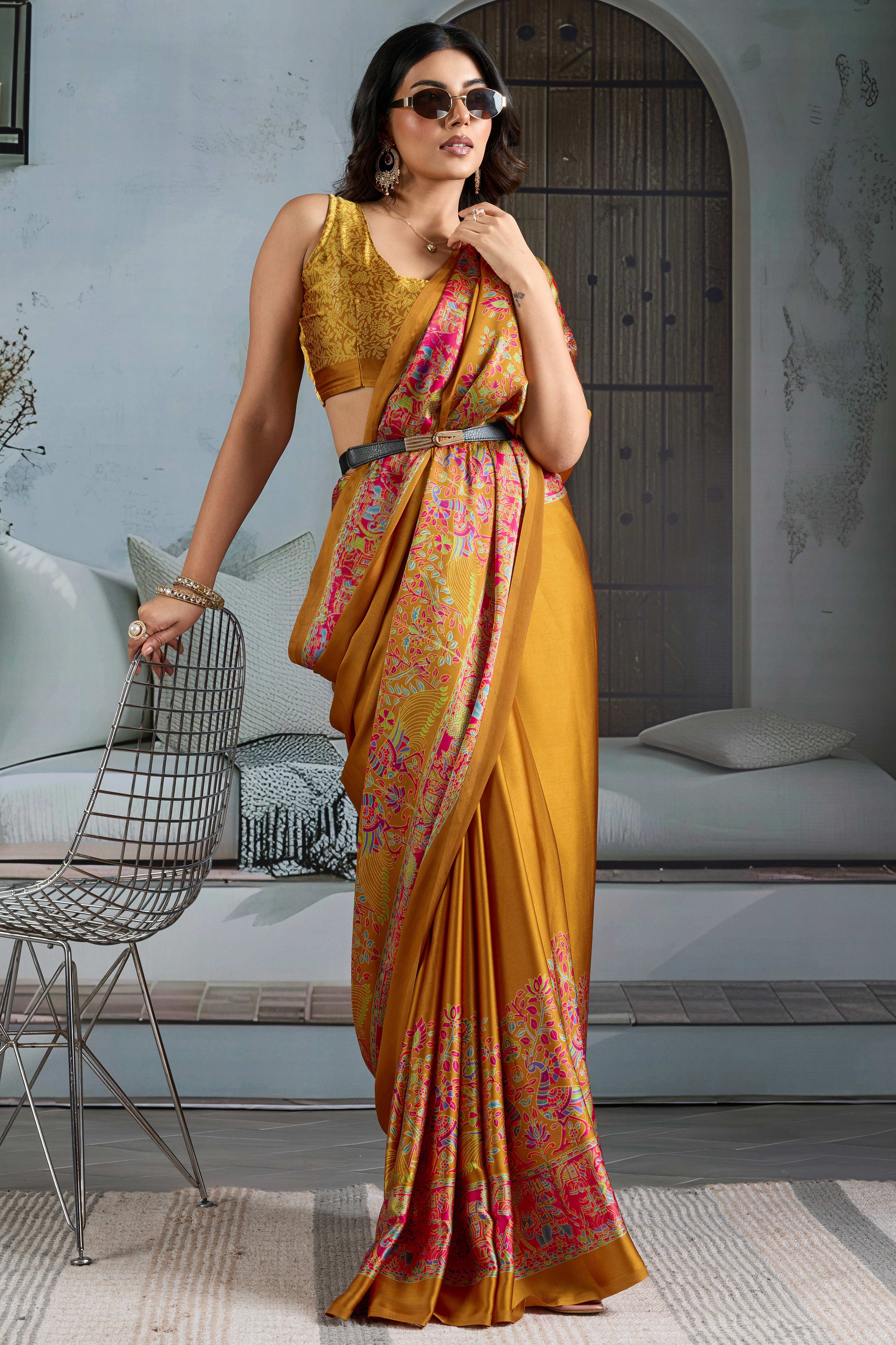 Classic Mustard Solid Modal Satin Saree With Multicolor Traditional Folk Art Printed Border & Pallu