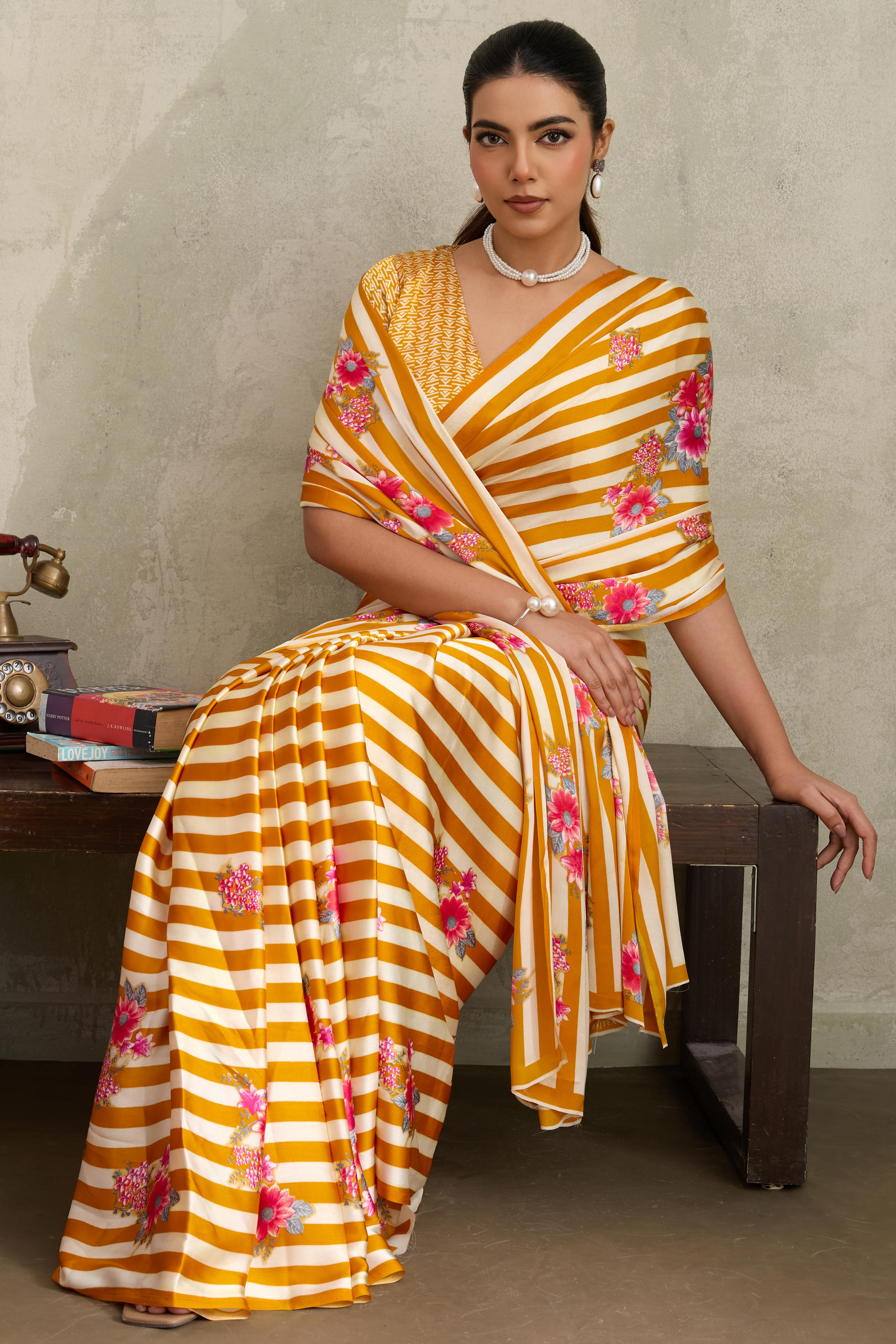 Mustard Elegant Ajrakh Printed Modal Satin Saree Designed for Festive & Party Occasions