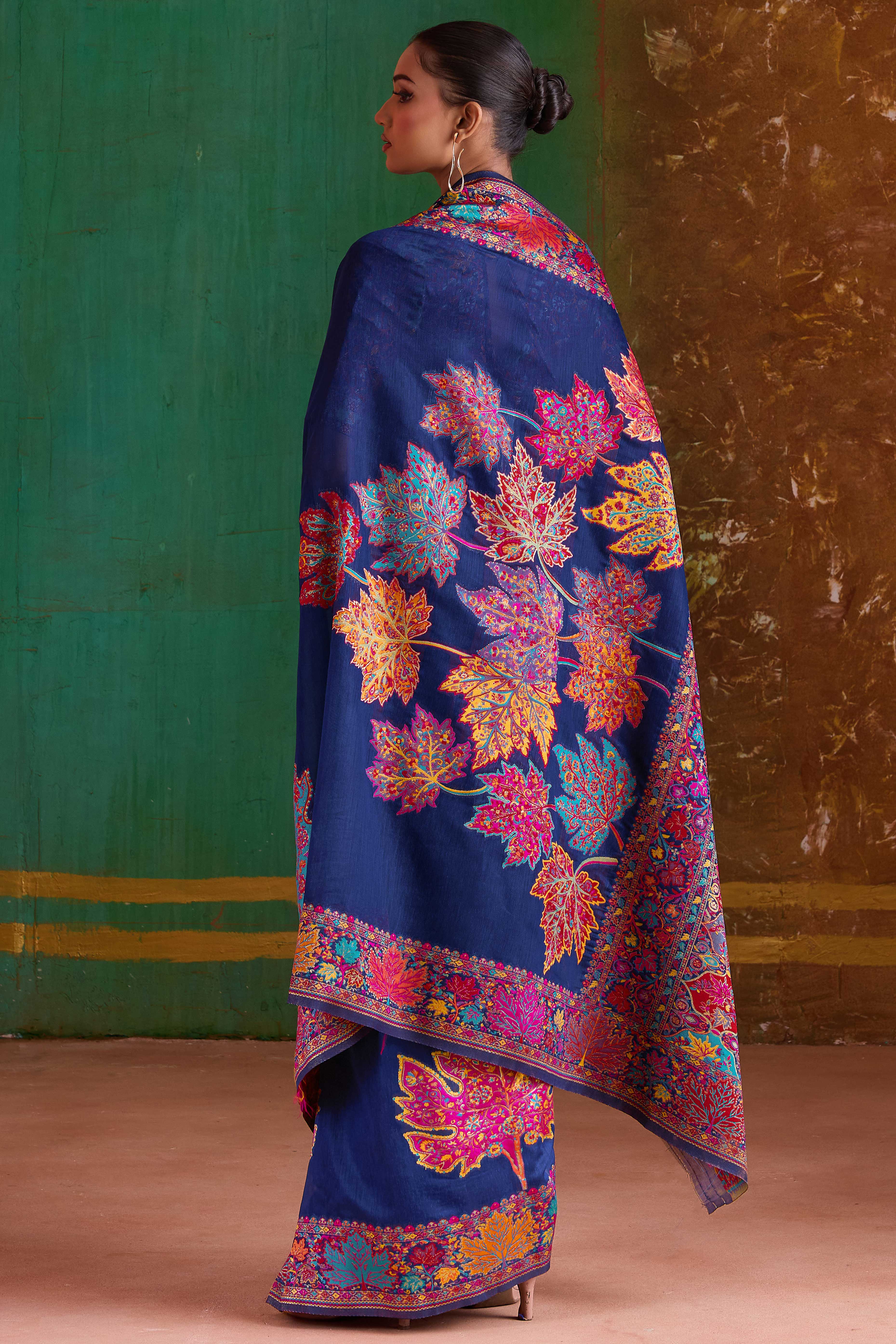 Luxurious Navy Blue Leaf Motif Pashmina Weaving Modal Cotton Blend Saree With Refined Appeal