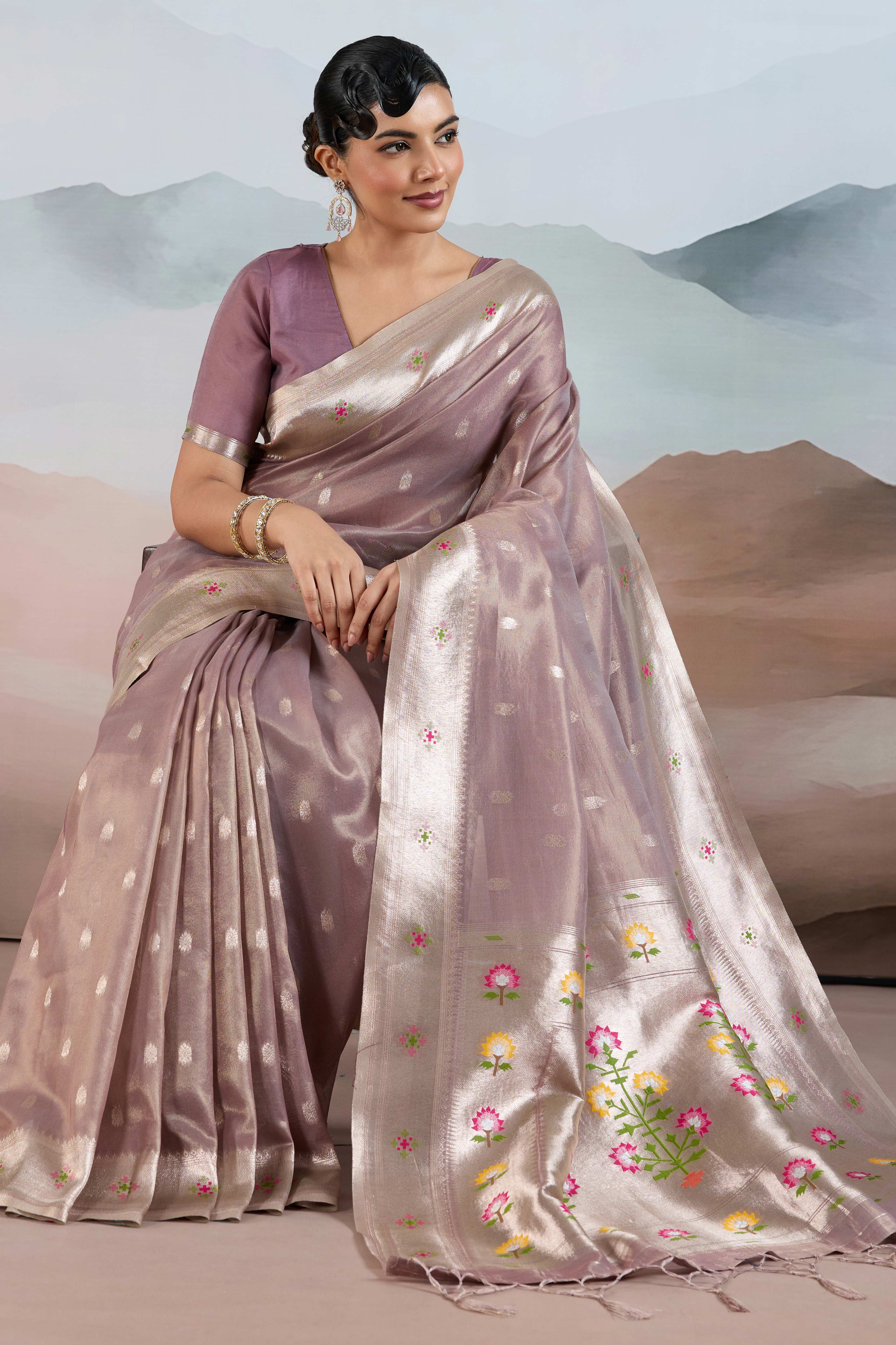 Mauve Festive Tissue Saree Crafted with Artistic Zari Butti Weaving and a Featherlight Texture