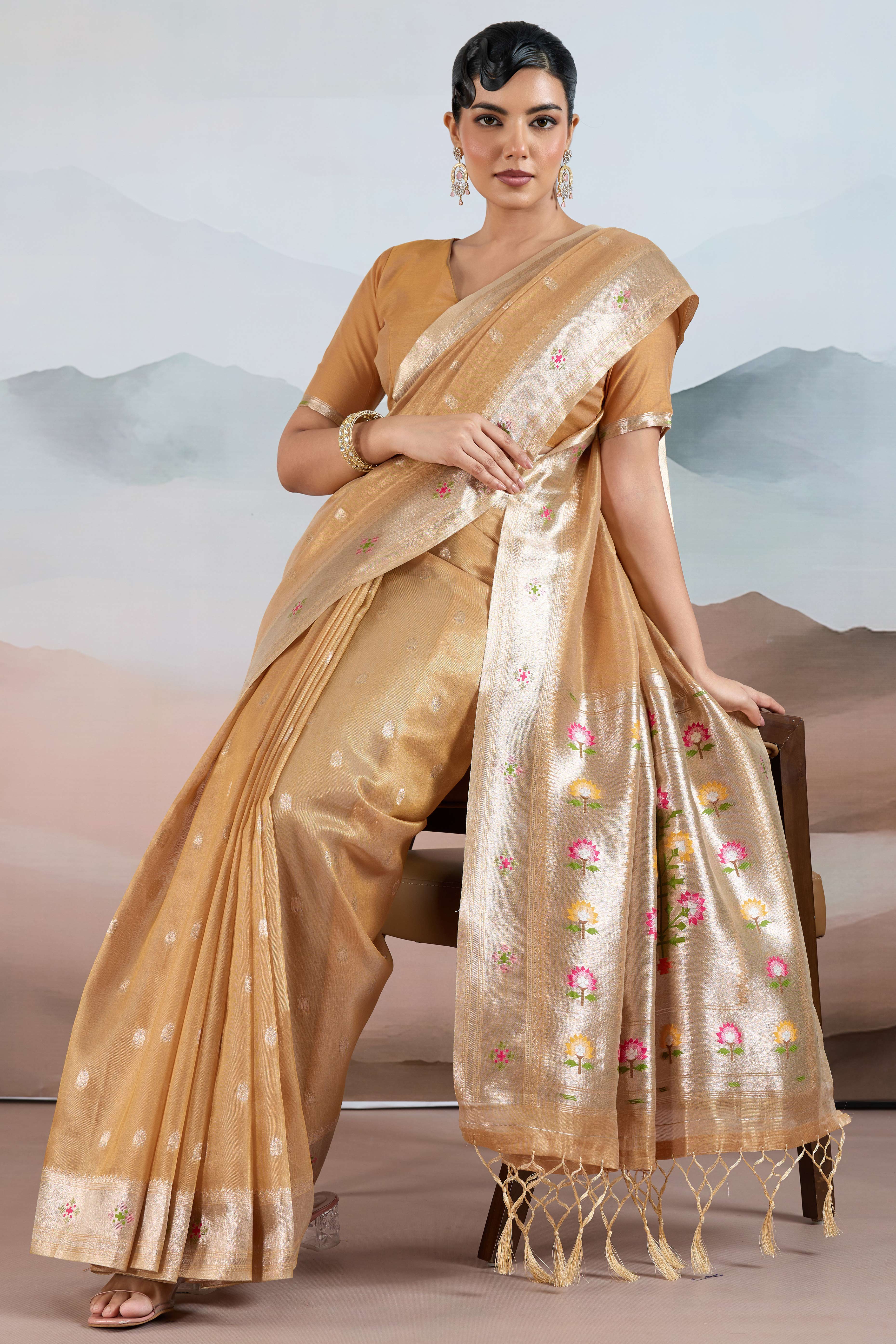 Beige Festive Tissue Saree Crafted with Artistic Zari Butti Weaving and a Featherlight Texture
