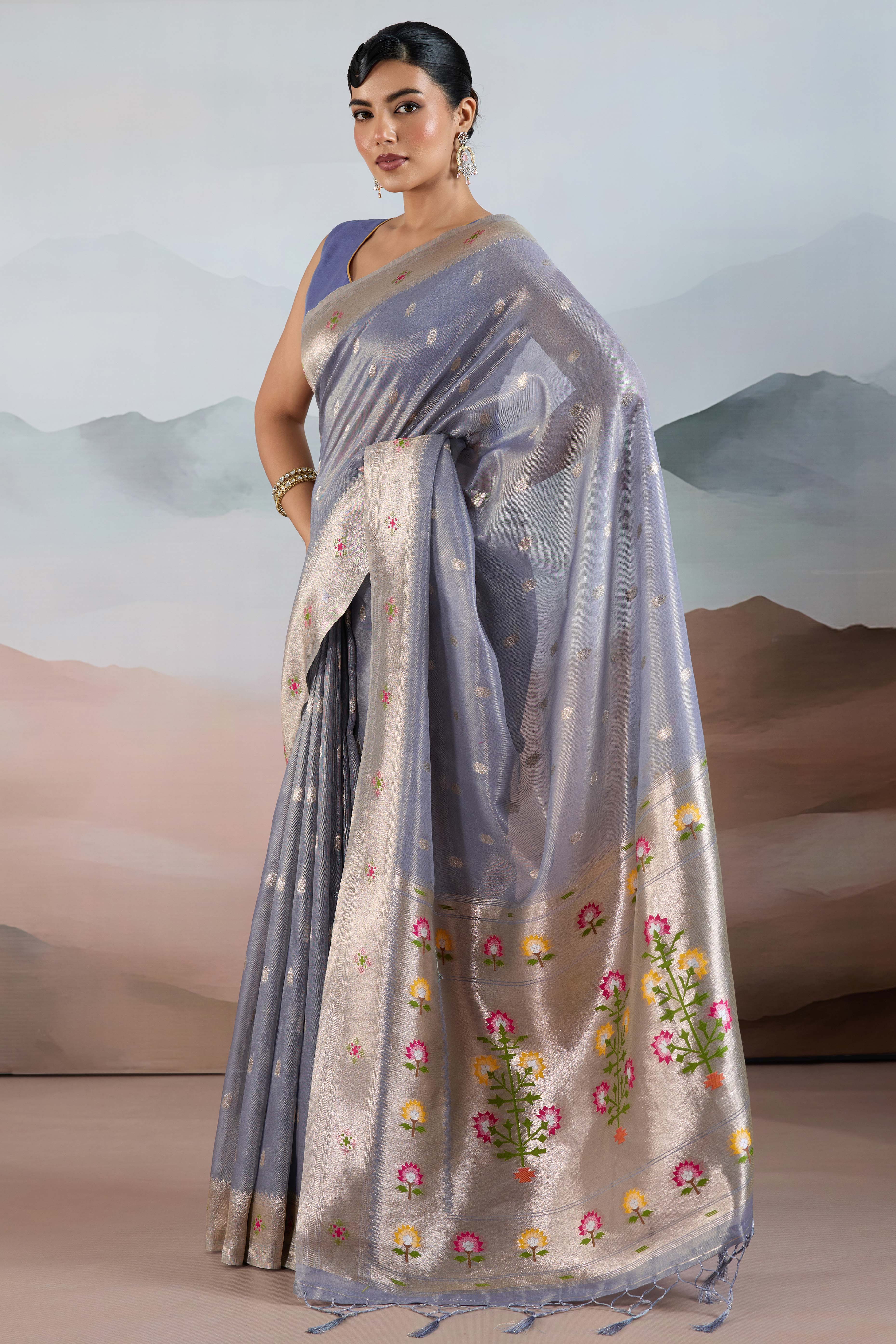 Blue Festive Tissue Saree Crafted with Artistic Zari Butti Weaving and a Featherlight Texture