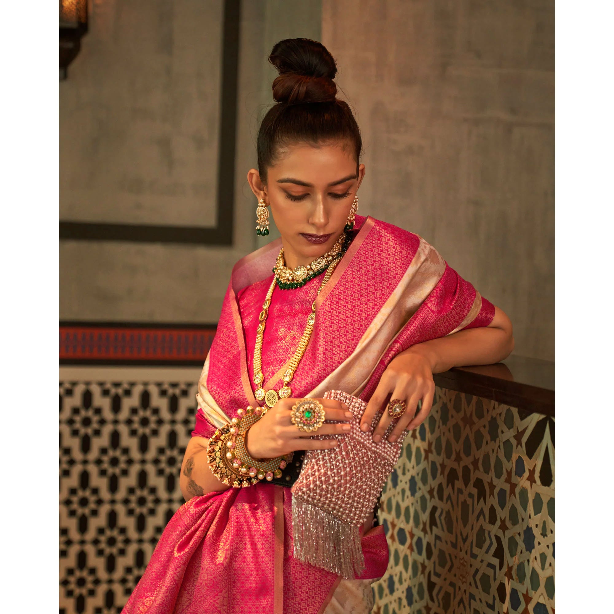 Off White Woven Art Silk Saree With Tassels