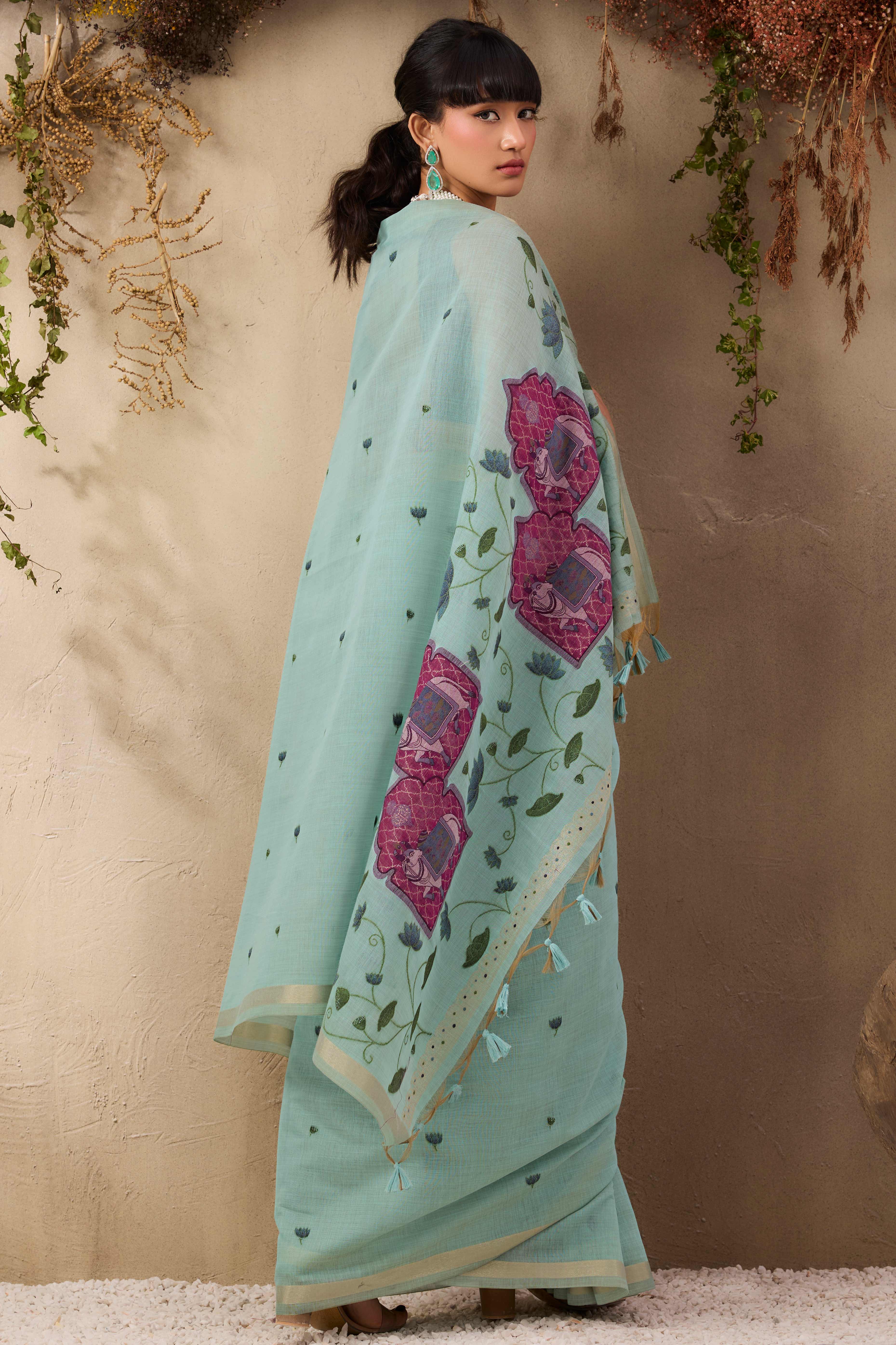 Sea Green Lightweight Handloom Munga Cotton Blend Saree Accented with Floral Woven Motifs