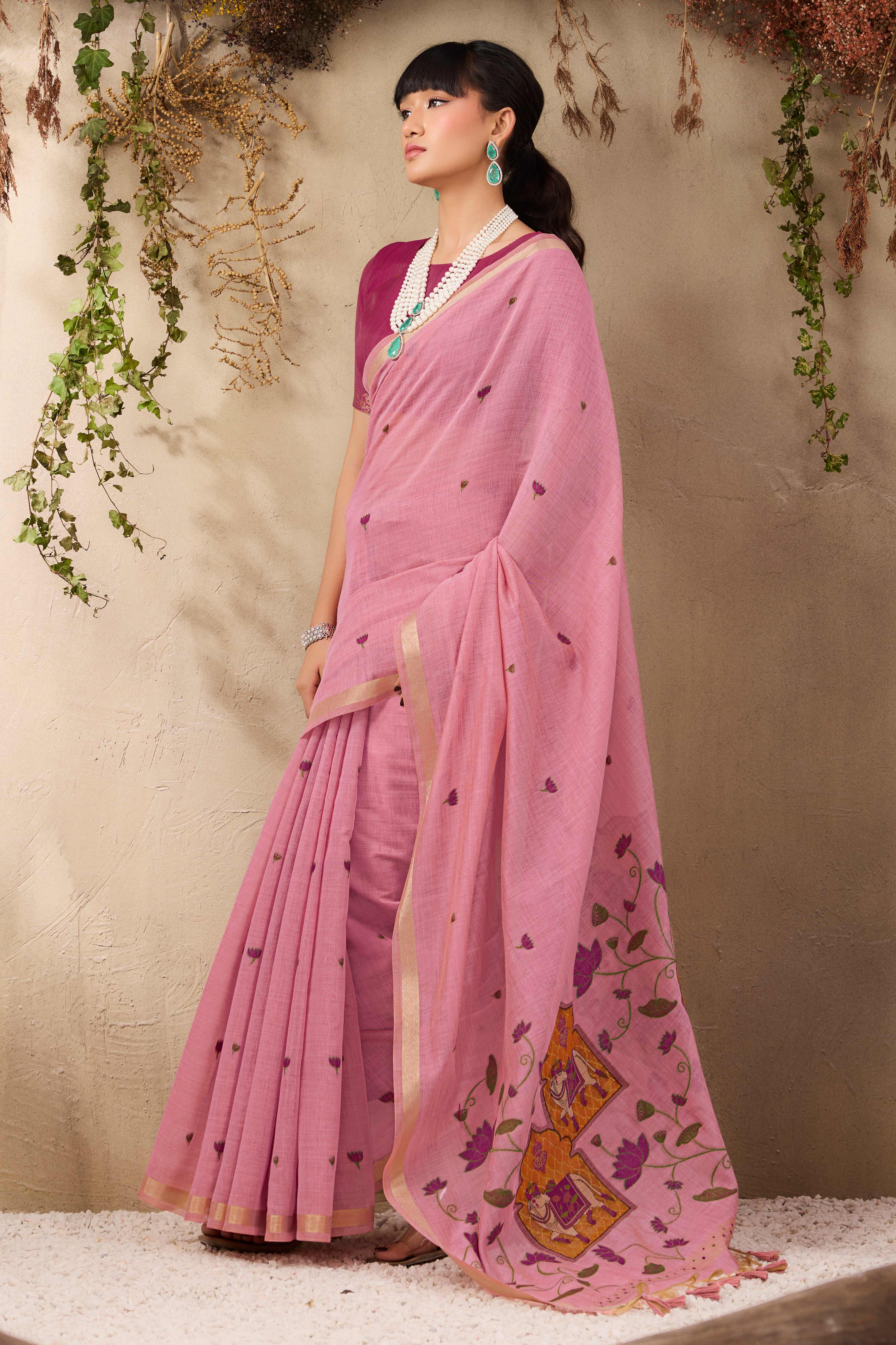 Pink Lightweight Handloom Munga Cotton Blend Saree Accented with Floral Woven Motifs
