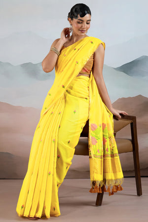Trendy Yellow Cotton Blend Weaving Saree Showcasing Floral & Animal Motif & Classic Tassel Pallu
