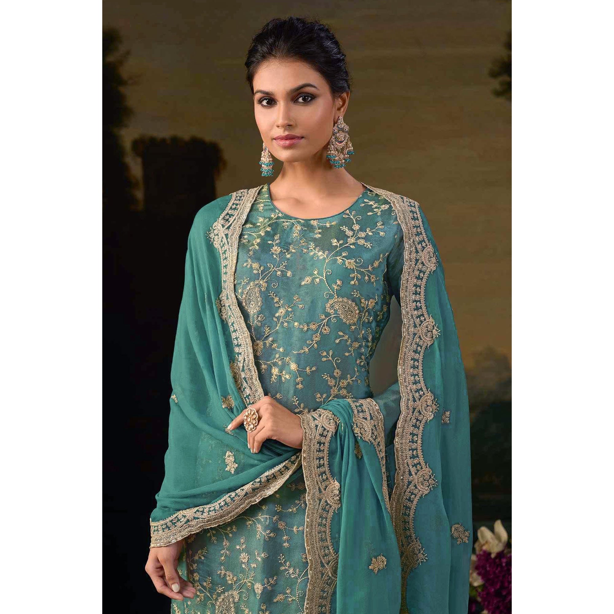 Rama Green Floral Sequins Embroidered Georgette Semi Stitched Salwar Suit