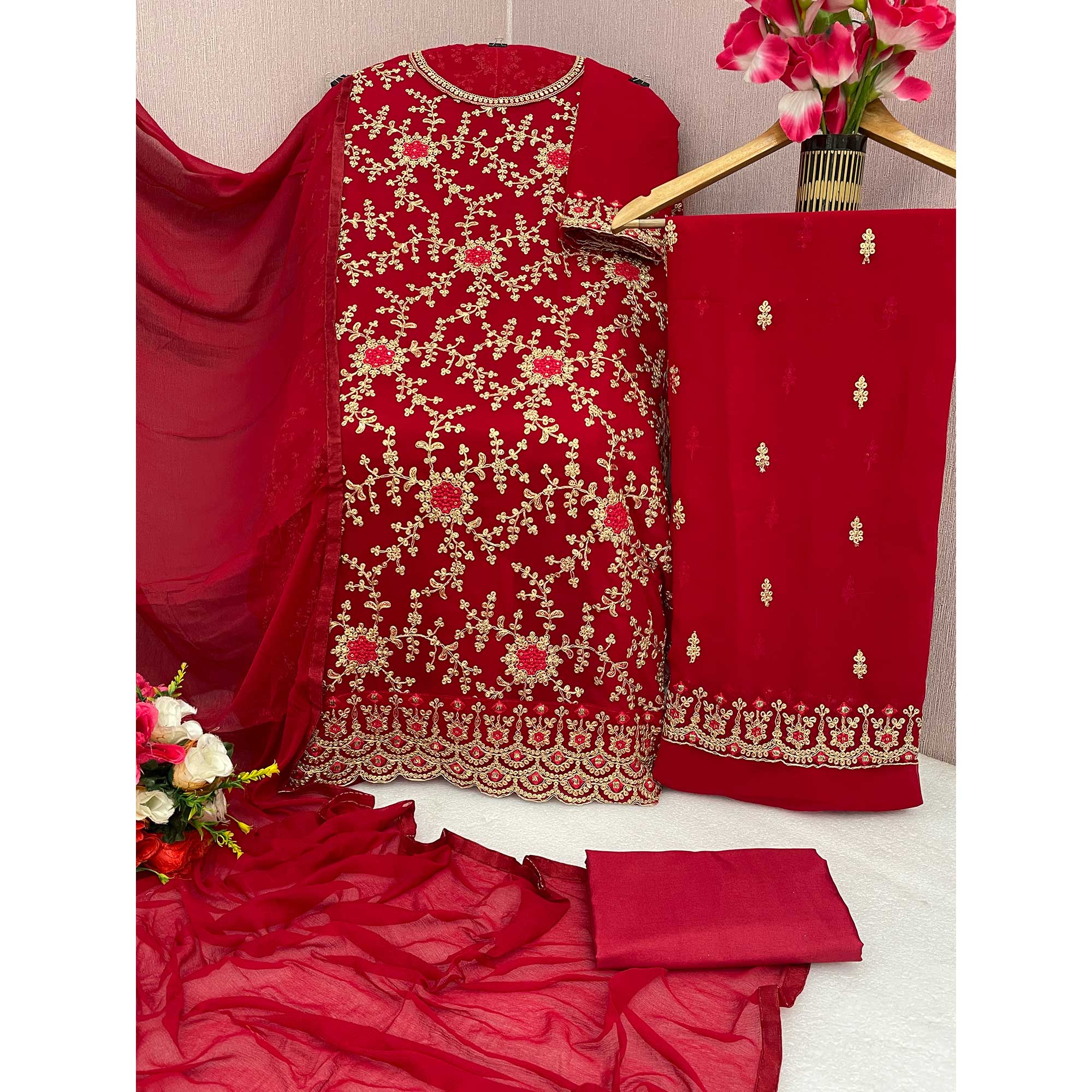 Red Sequins Embroidered Georgette Semi Stitched Sharara Suit