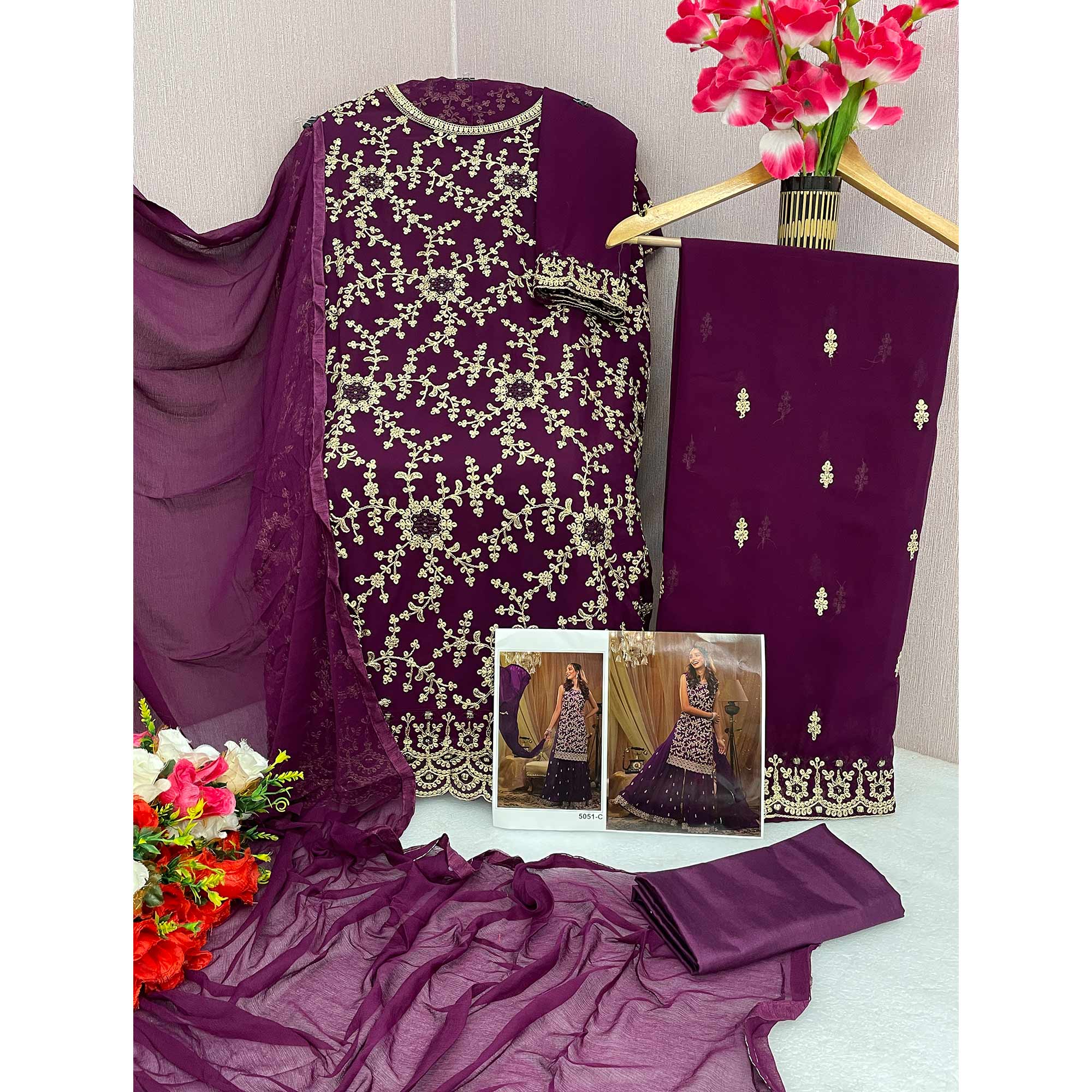 Purple Sequins Embroidered Georgette Semi Stitched Sharara Suit
