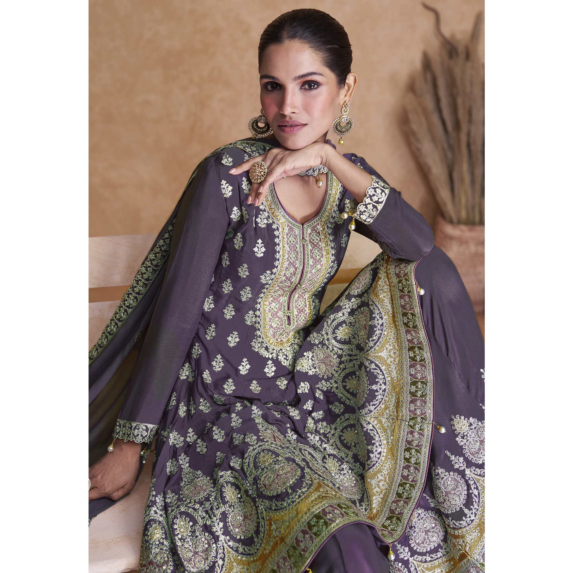 Purple Mauve Sequins Embroidered Georgette Semi Stitched Sharara Suit