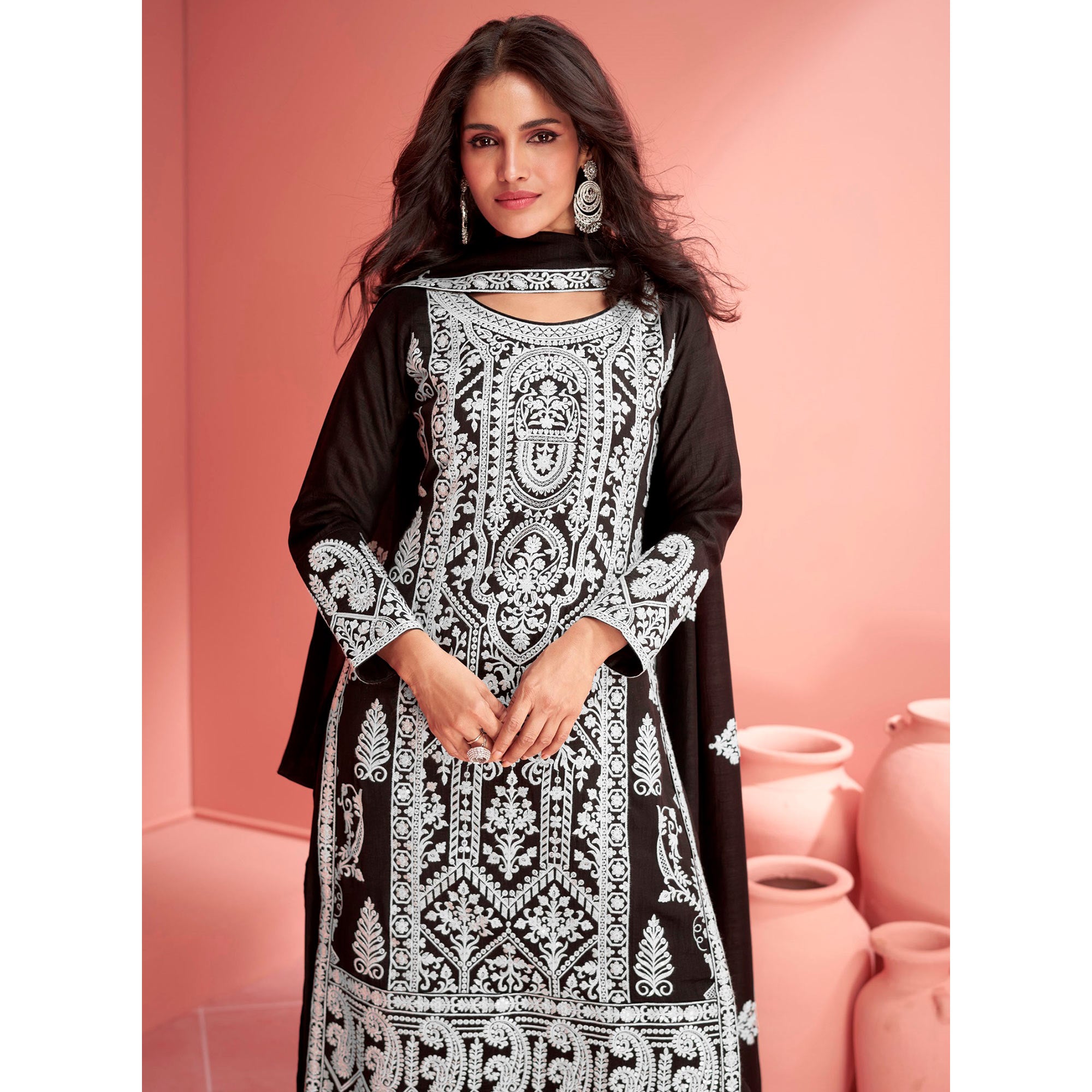 Black Floral Embroidered Georgette Semi Stitched Suit
