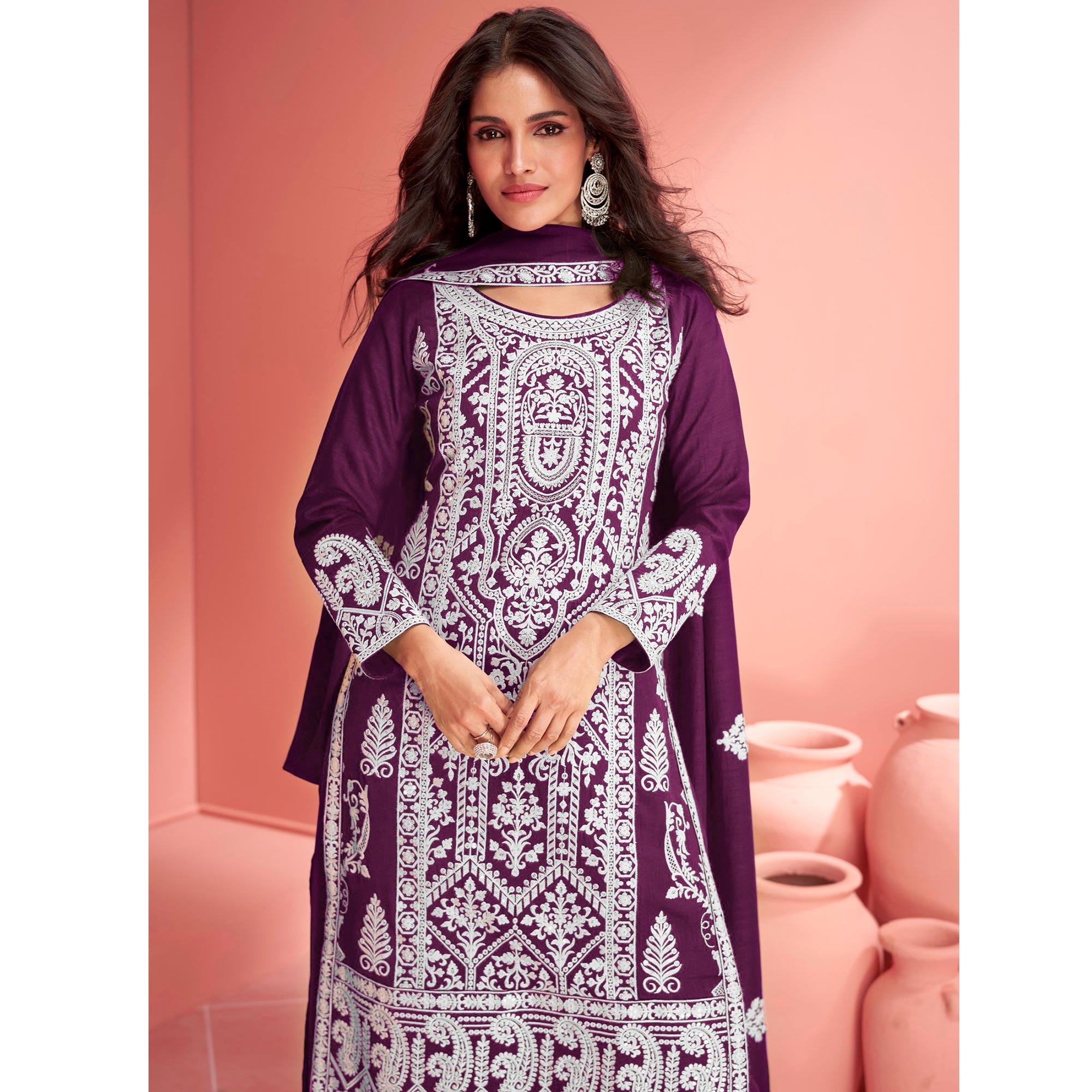 Purple Floral Embroidered Georgette Semi Stitched Suit