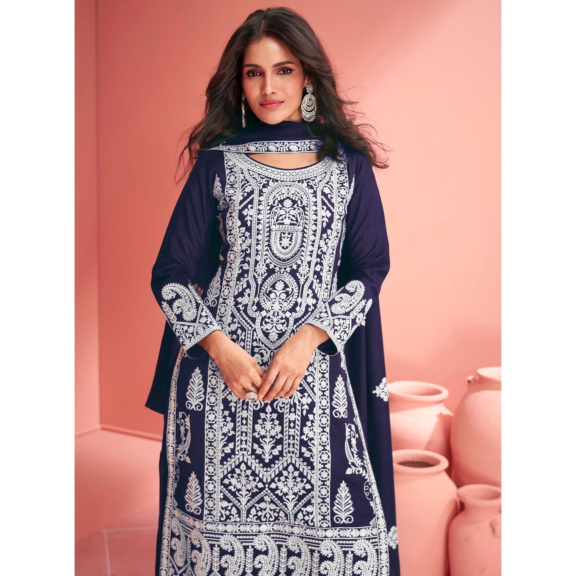 Blue Floral Embroidered Georgette Semi Stitched Suit