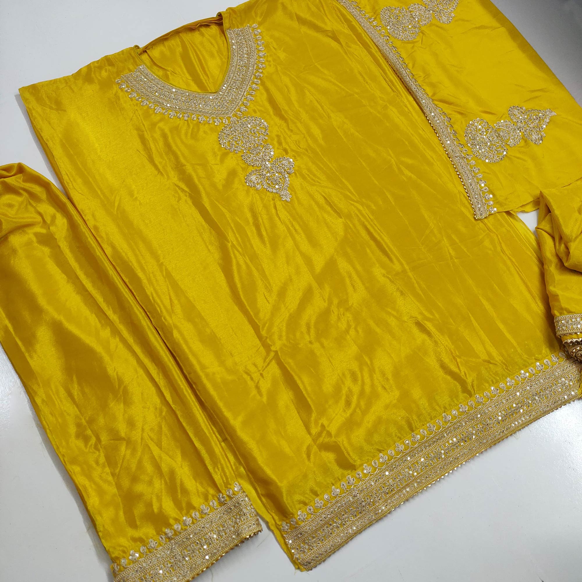 Exquisite Mustard Sequins Floral Embroidered Chinon Semi-Stitched Salwar Suit