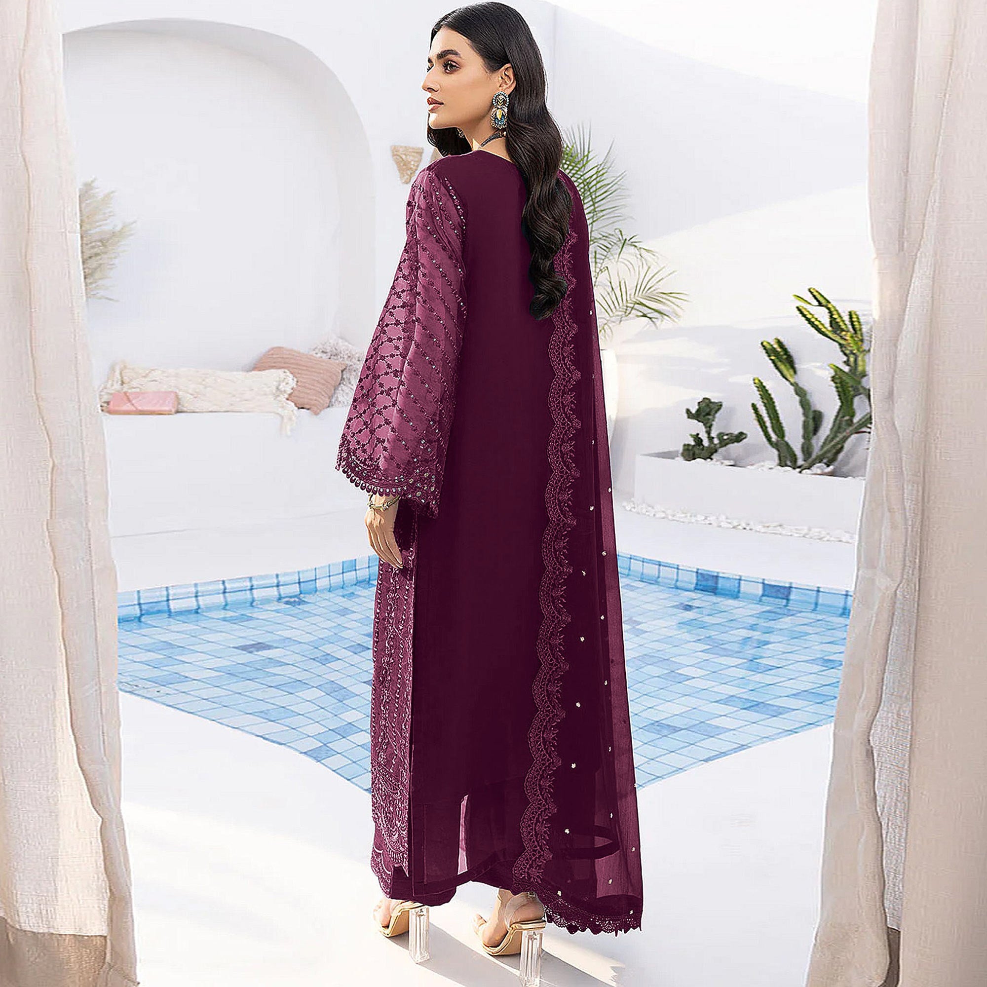 Wine Floral Embroidered Organza Semi Stitched Suit