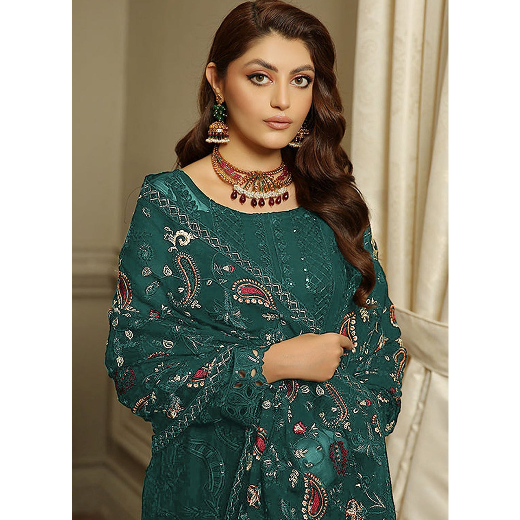 Green Embroidered Georgette Semi Stitched Pakistani Suit