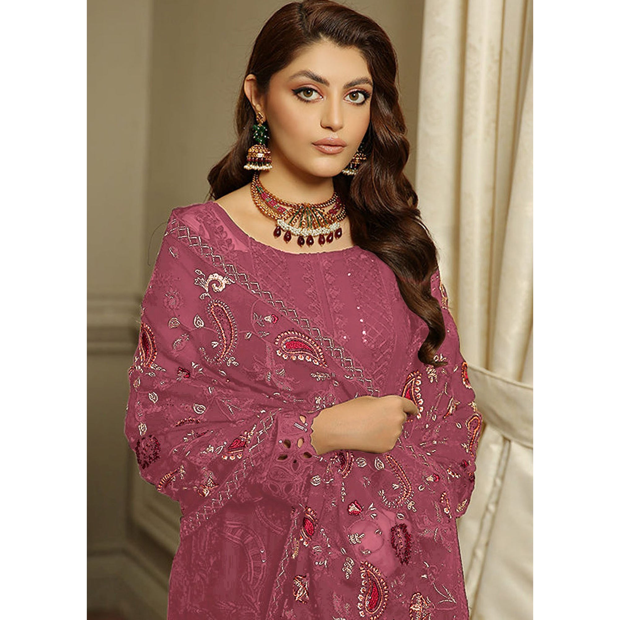 Mauve Embroidered Georgette Semi Stitched Pakistani Suit