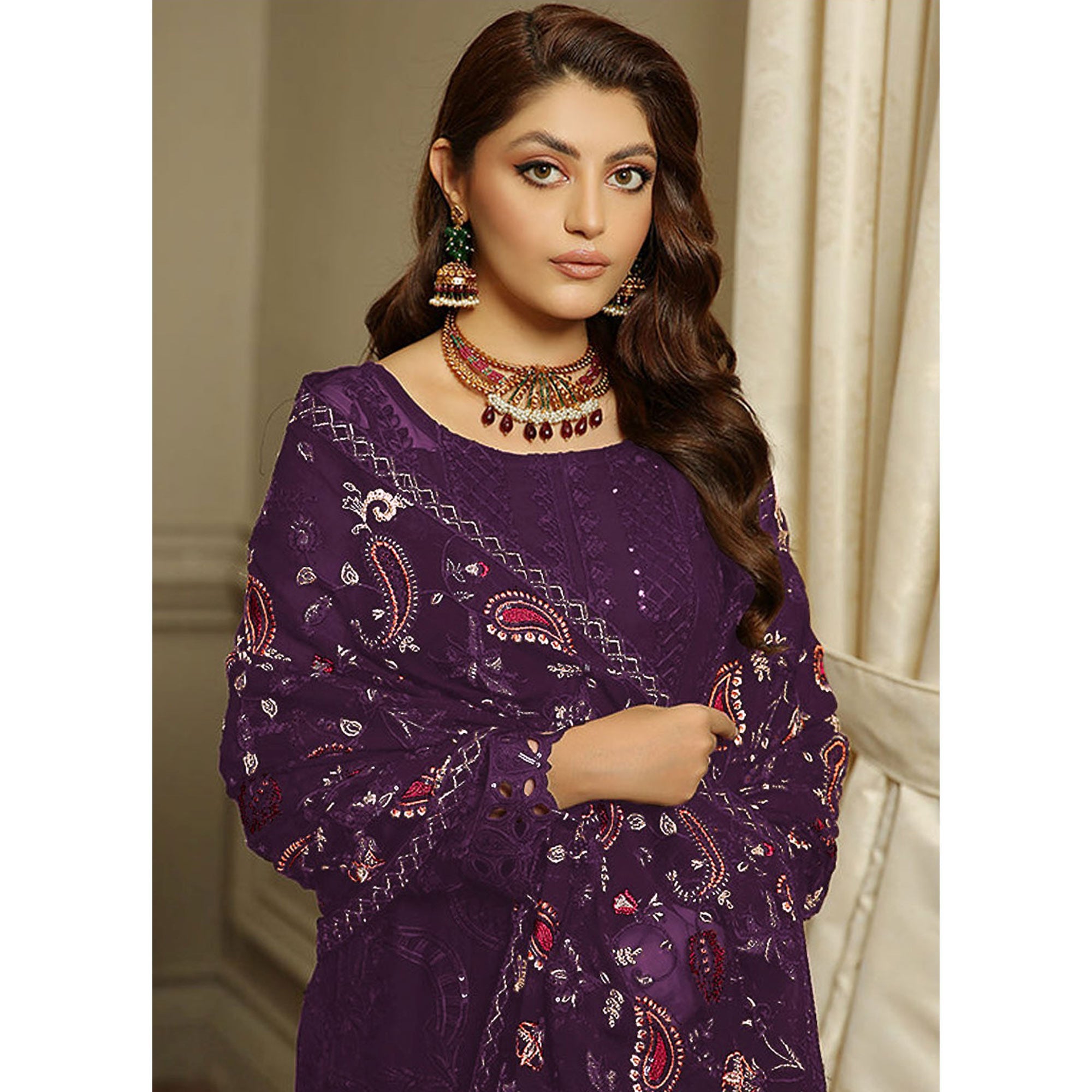 Purple Embroidered Georgette Semi Stitched Pakistani Suit