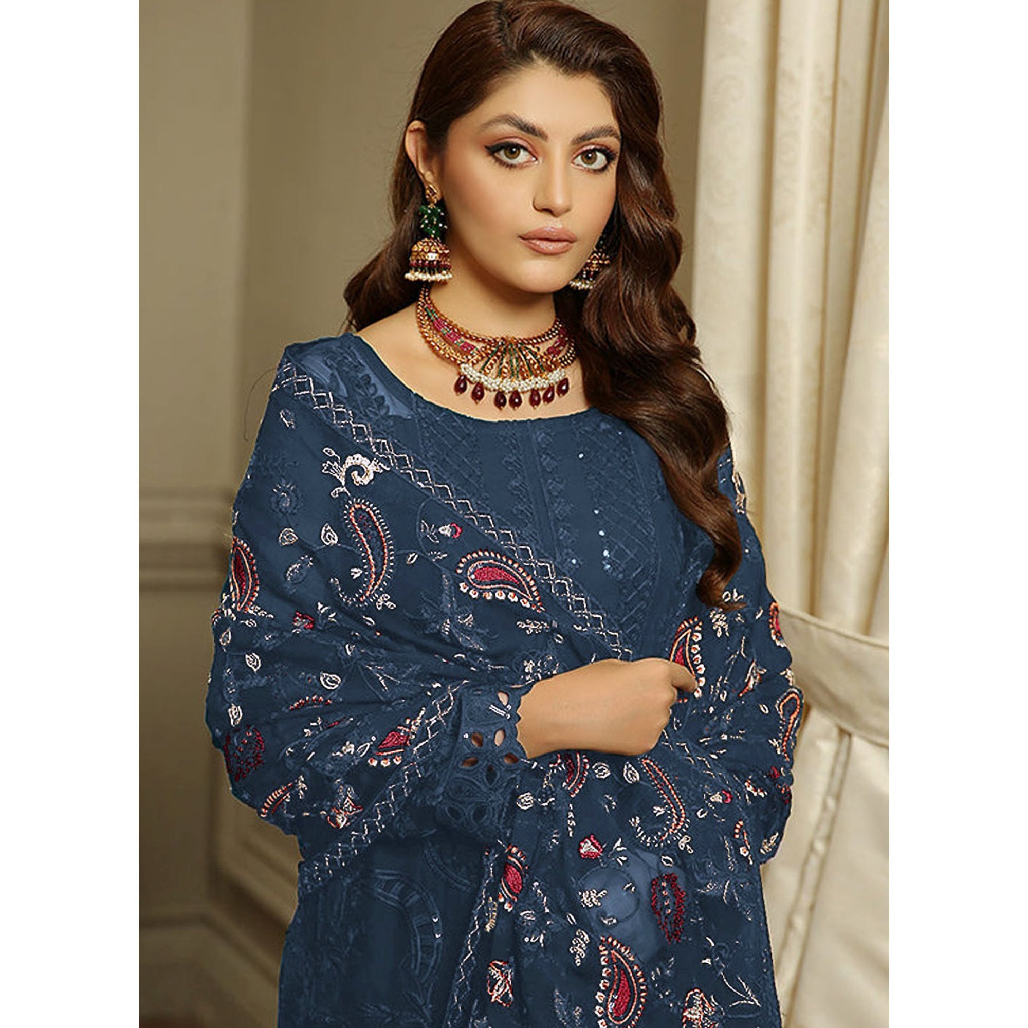 Blue Embroidered Georgette Semi Stitched Pakistani Suit