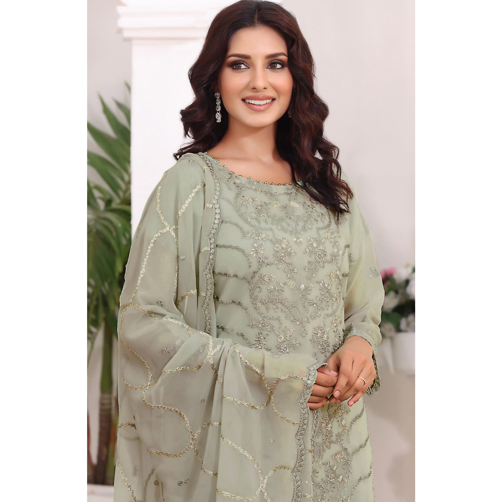Green Embroidered Georgette Pakistani Semi Stitched Dress Material