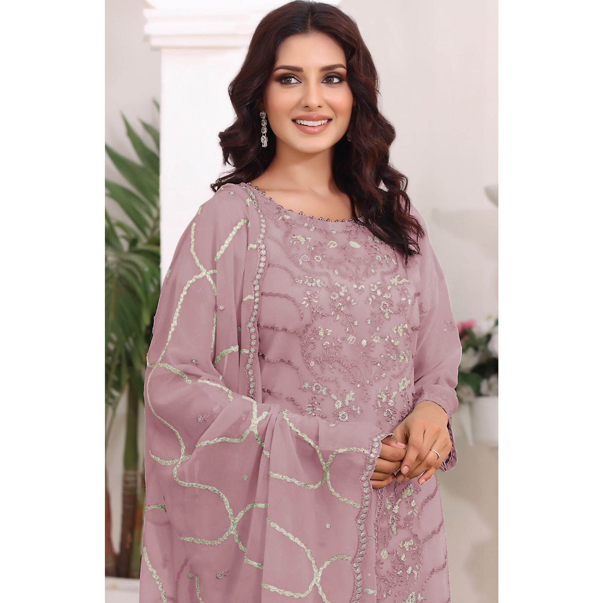 Dusty Pink Embroidered Georgette Pakistani Semi Stitched Dress Material