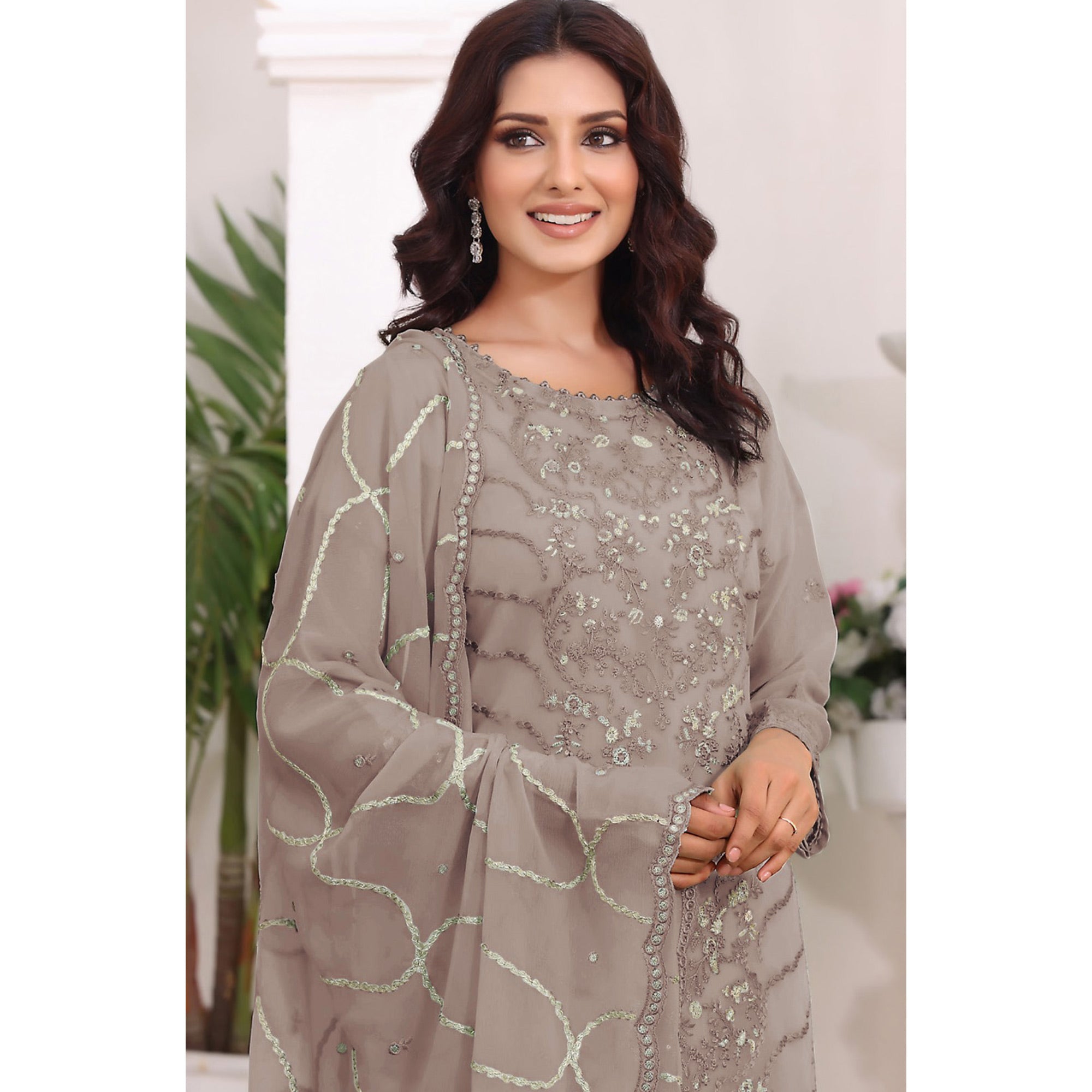 Beige Embroidered Georgette Pakistani Semi Stitched Dress Material