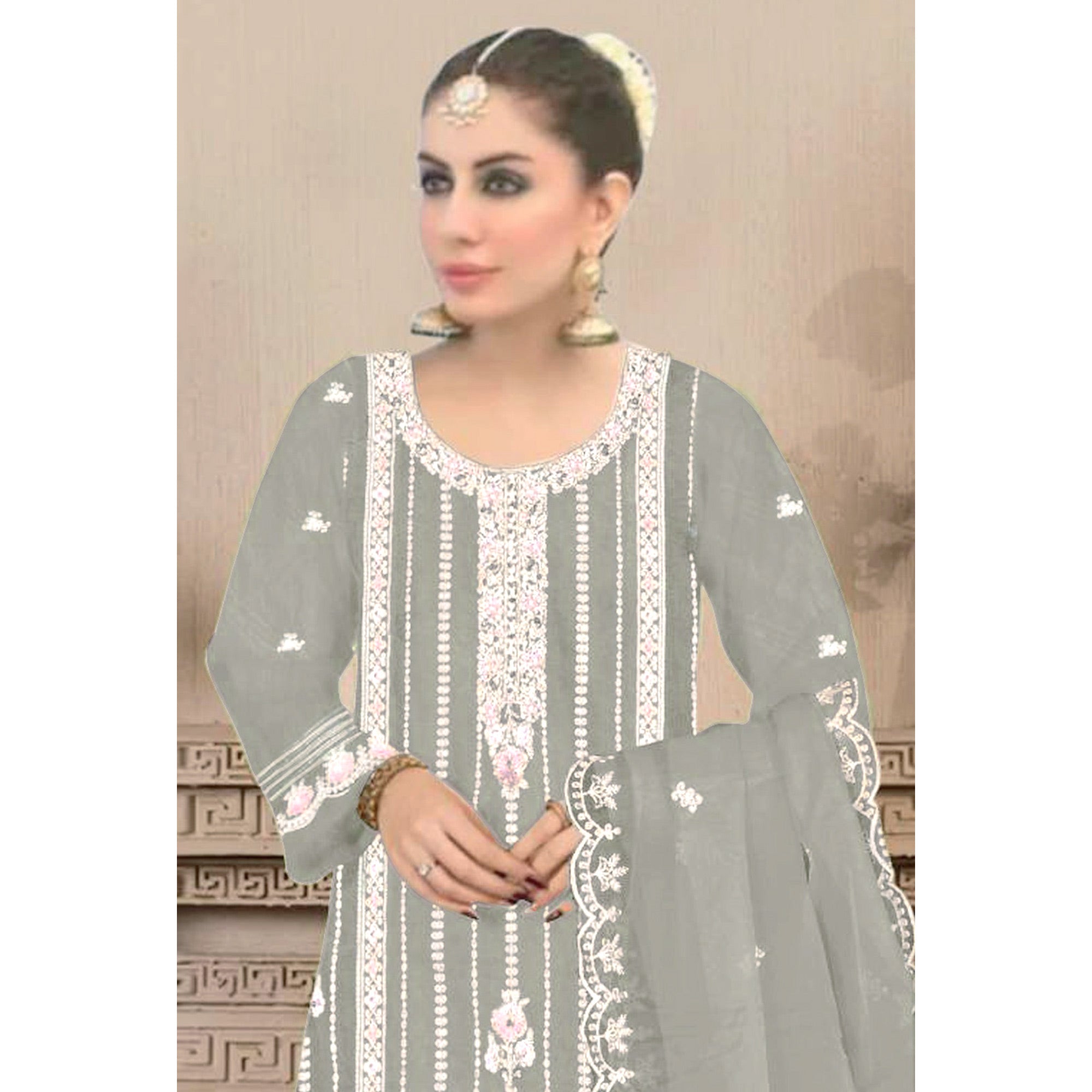 Green Floral Hand Embroidered Georgette Semi Stitched Pakistani Suit