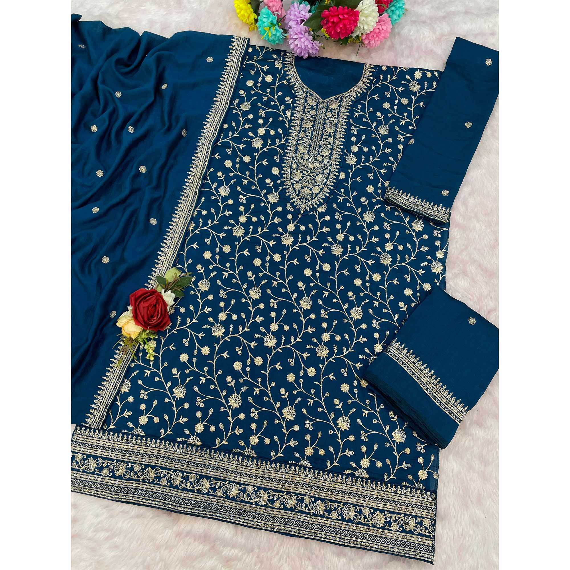 Teal Beautiful Embroidered Pakistani Style Semi-Stitched Salwar Suit in Soft Georgette Fabric