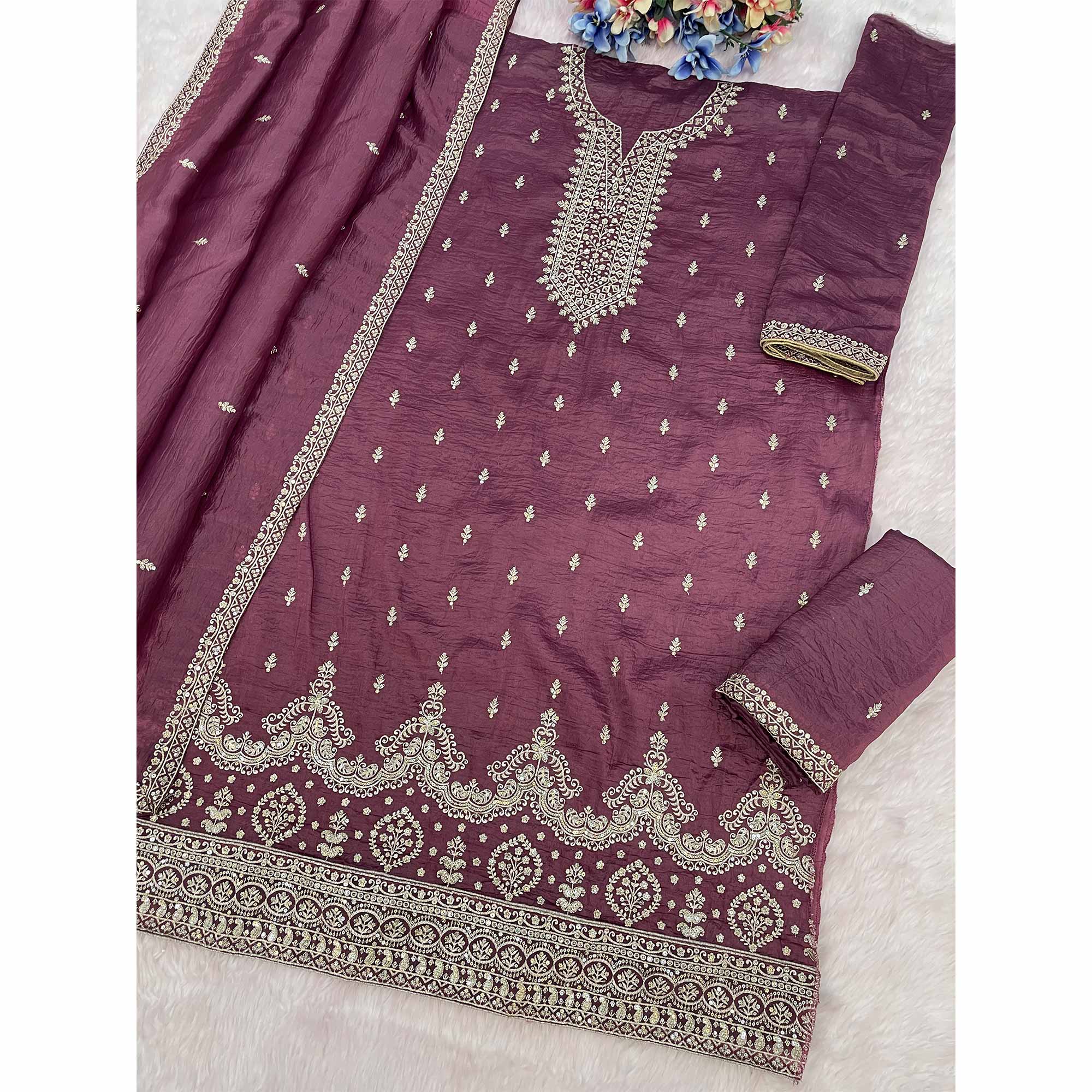 Mauve Embroidered Georgette Palazzo Style Semi-Stitched Salwar Suit for Graceful Occasions