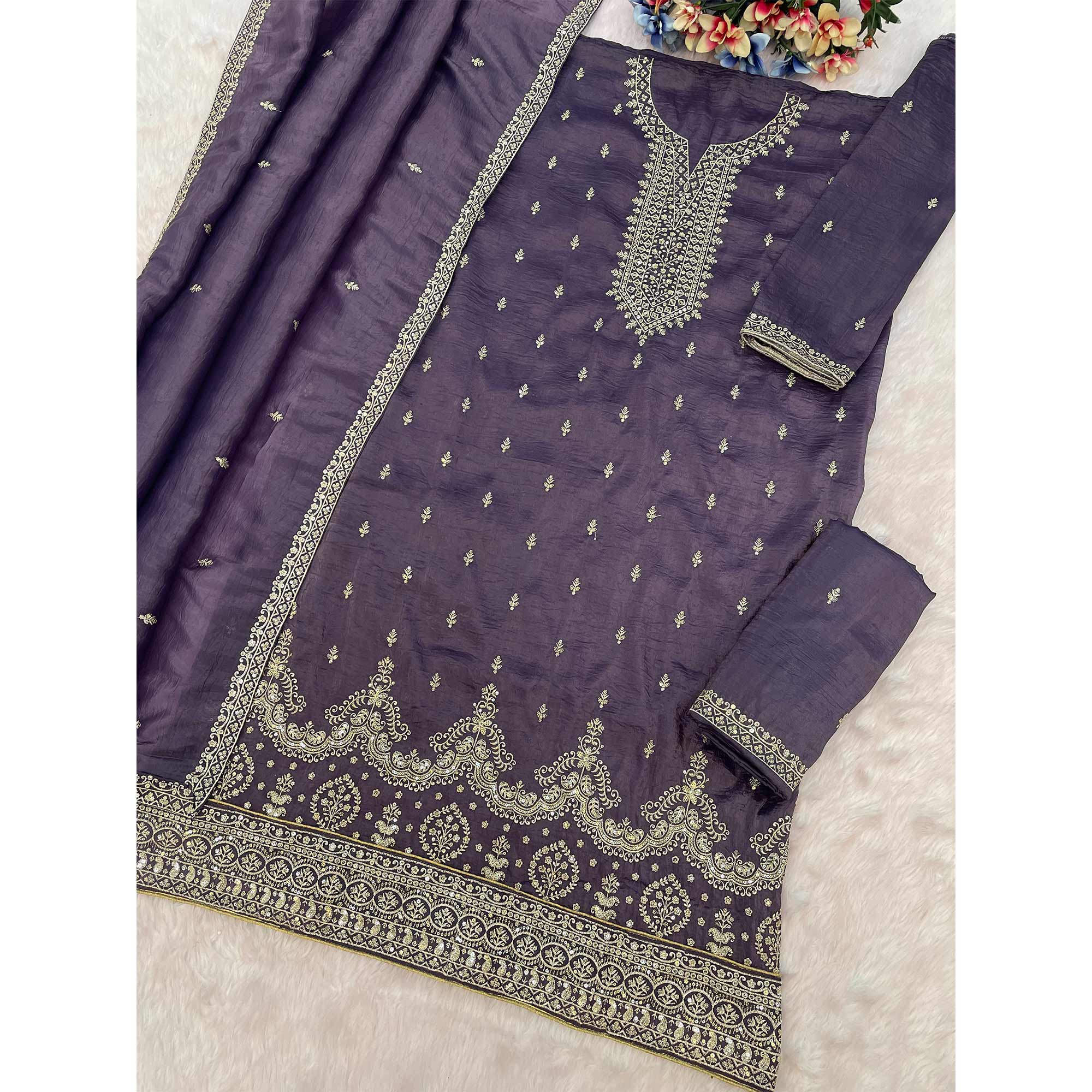 Purple Embroidered Georgette Palazzo Style Semi-Stitched Salwar Suit for Graceful Occasions