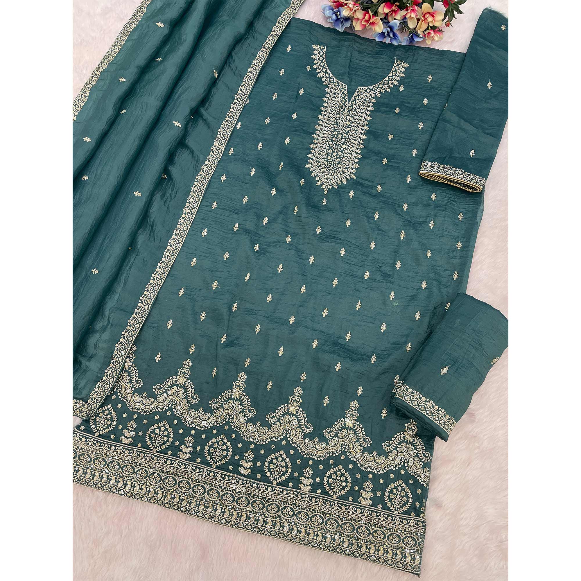Teal Embroidered Georgette Palazzo Style Semi-Stitched Salwar Suit for Graceful Occasions