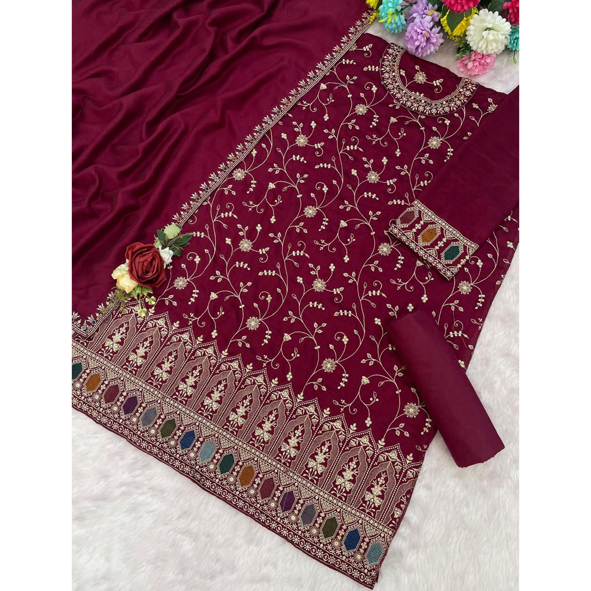 Luxury Maroon Floral Embroidered With Sequins Vichitra Silk Semi Stitched Pakistani Salwar Suit