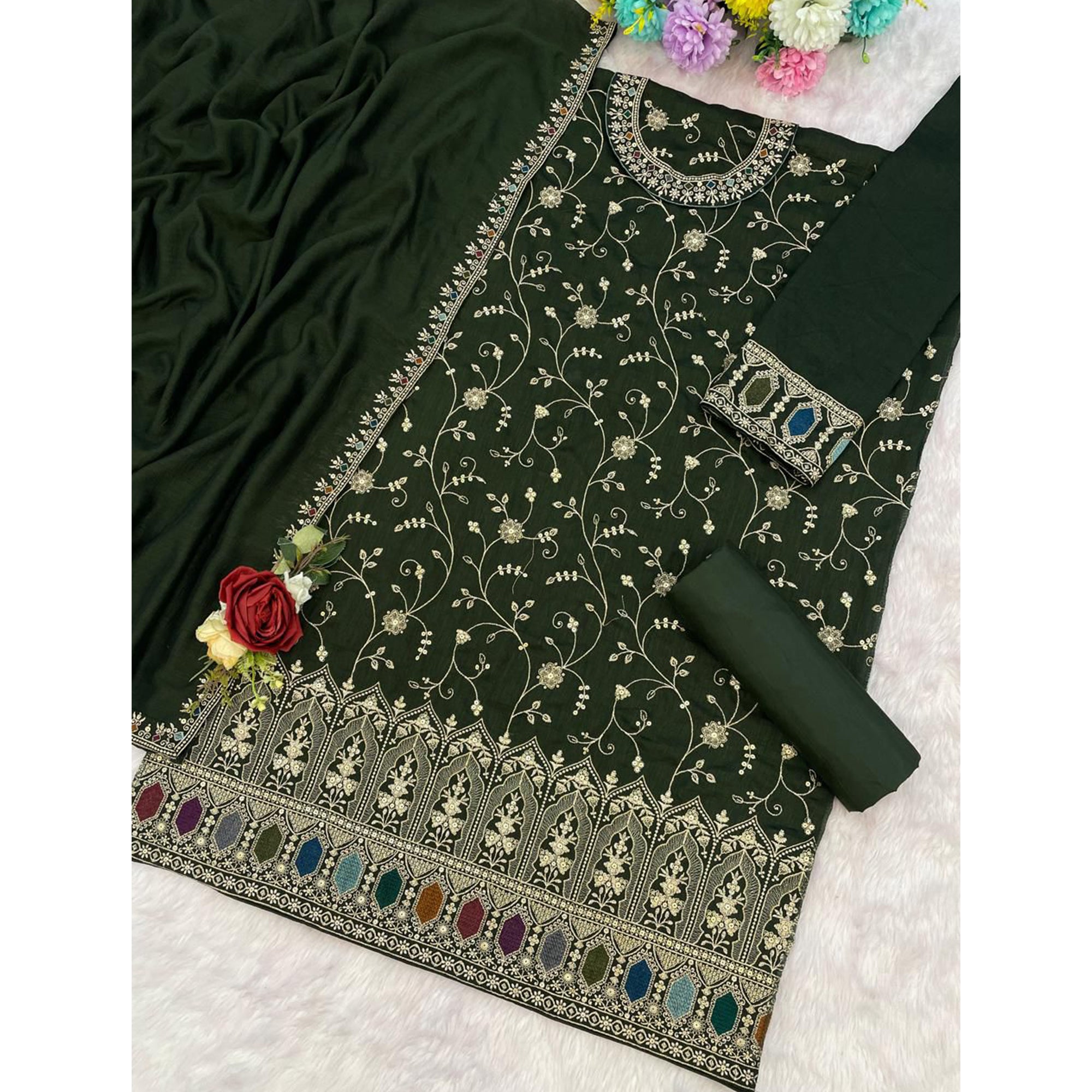 Luxury Green Floral Embroidered With Sequins Vichitra Silk Semi Stitched Pakistani Salwar Suit