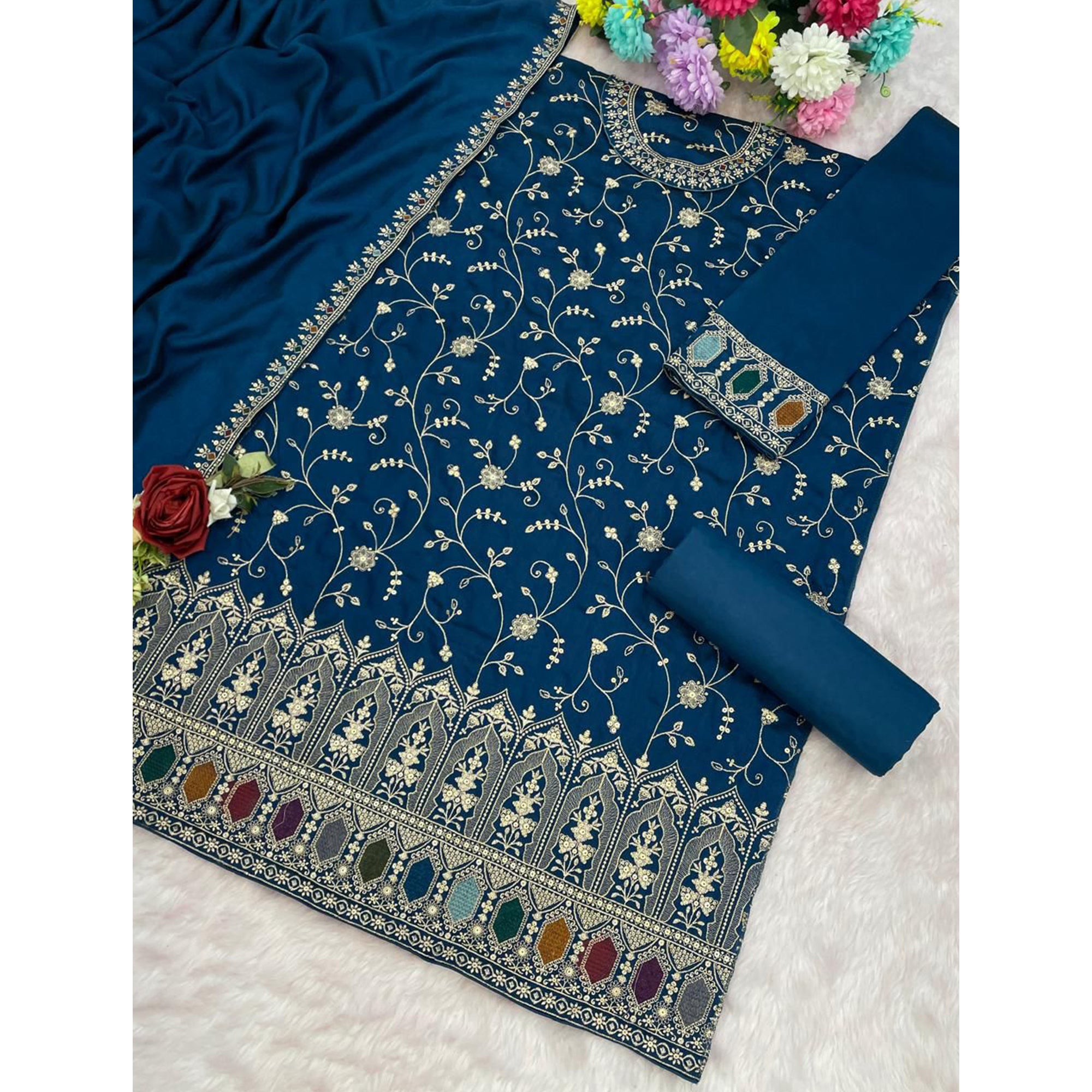 Luxury Blue Floral Embroidered With Sequins Vichitra Silk Semi Stitched Pakistani Salwar Suit