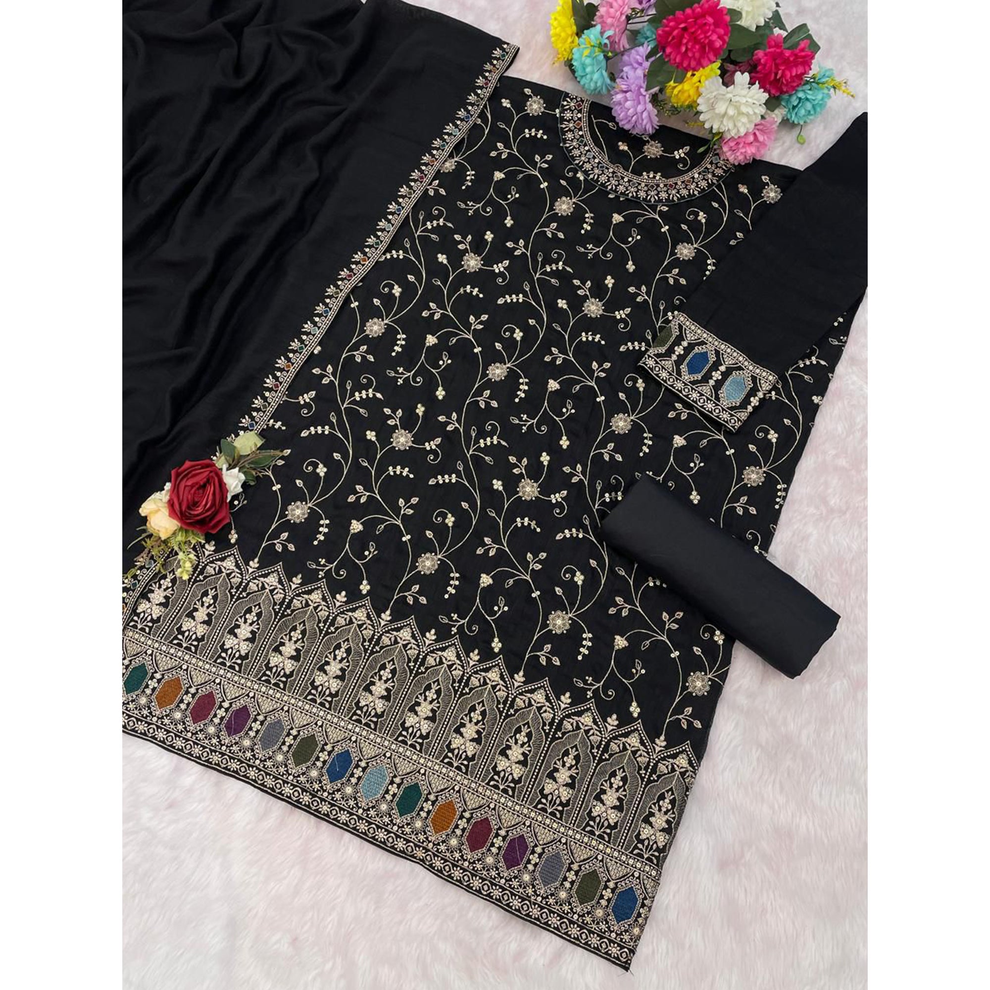 Luxury Black Floral Embroidered With Sequins Vichitra Silk Semi Stitched Pakistani Salwar Suit