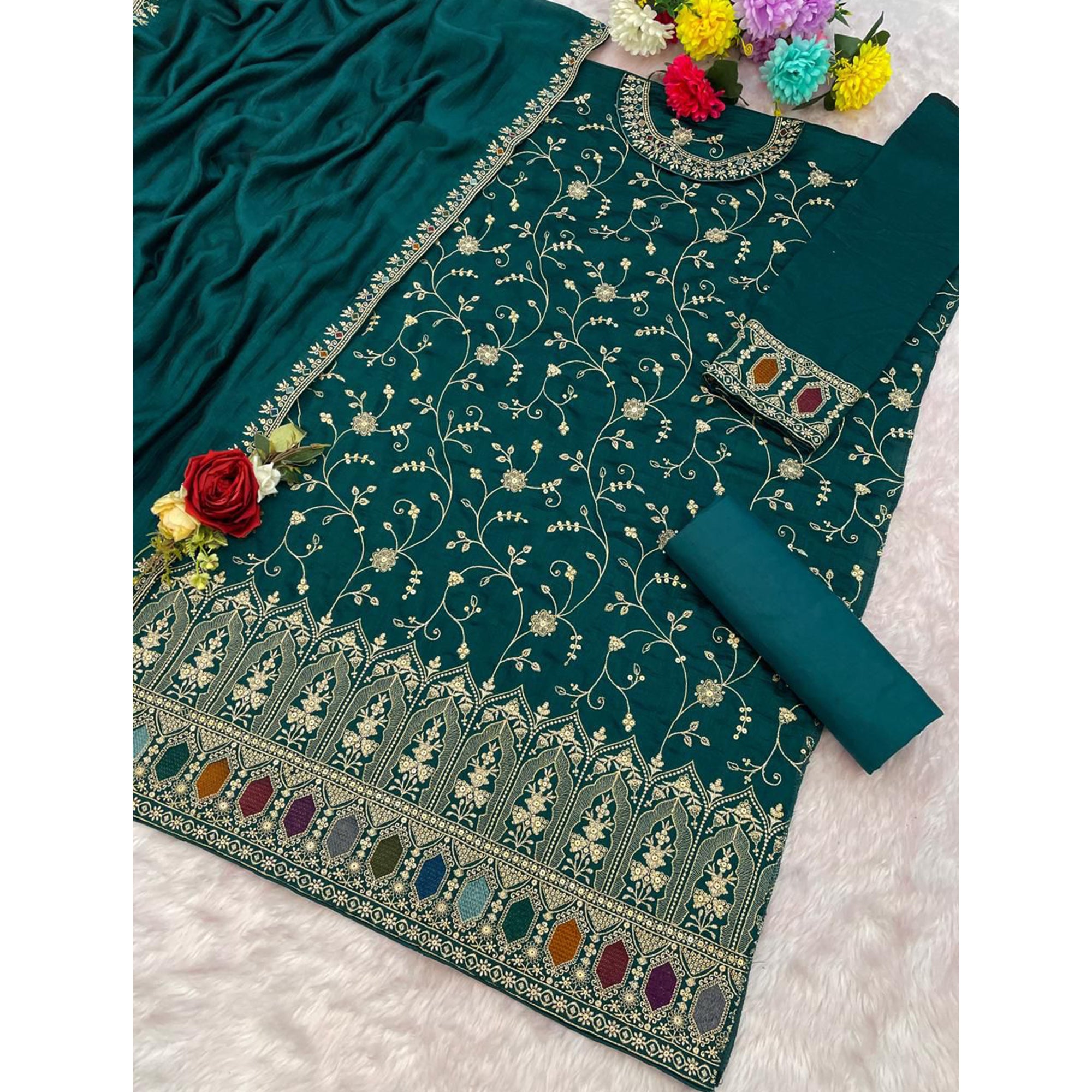 Luxury Teal Floral Embroidered With Sequins Vichitra Silk Semi Stitched Pakistani Salwar Suit