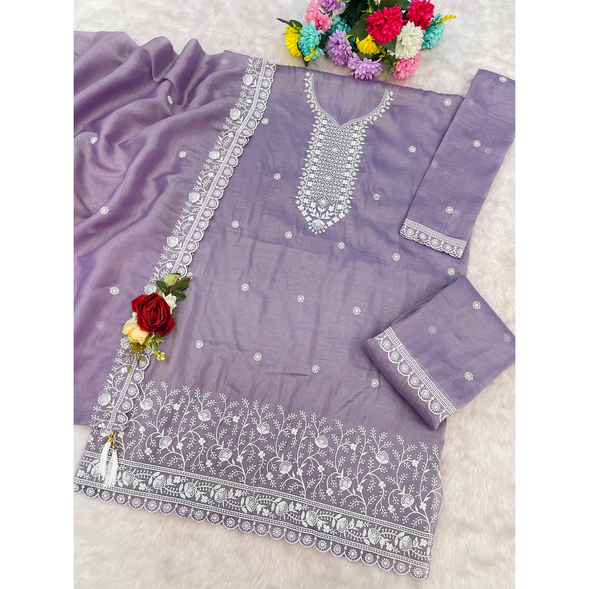 Lavender Elegant Embroidered Georgette Semi-Stitched Salwar Suit with Stylish Palazzo Bottoms