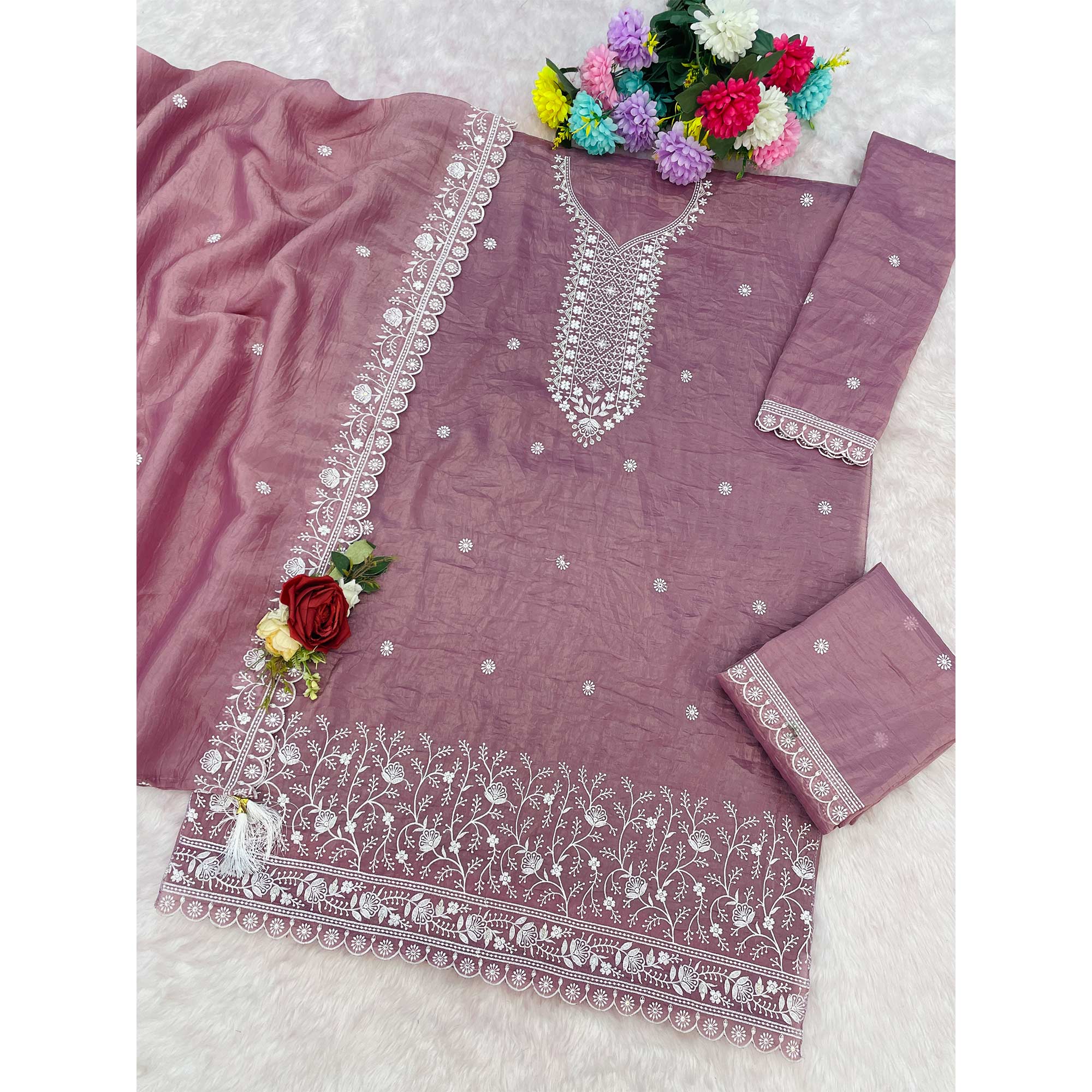 Mauve Elegant Embroidered Georgette Semi-Stitched Salwar Suit with Stylish Palazzo Bottoms