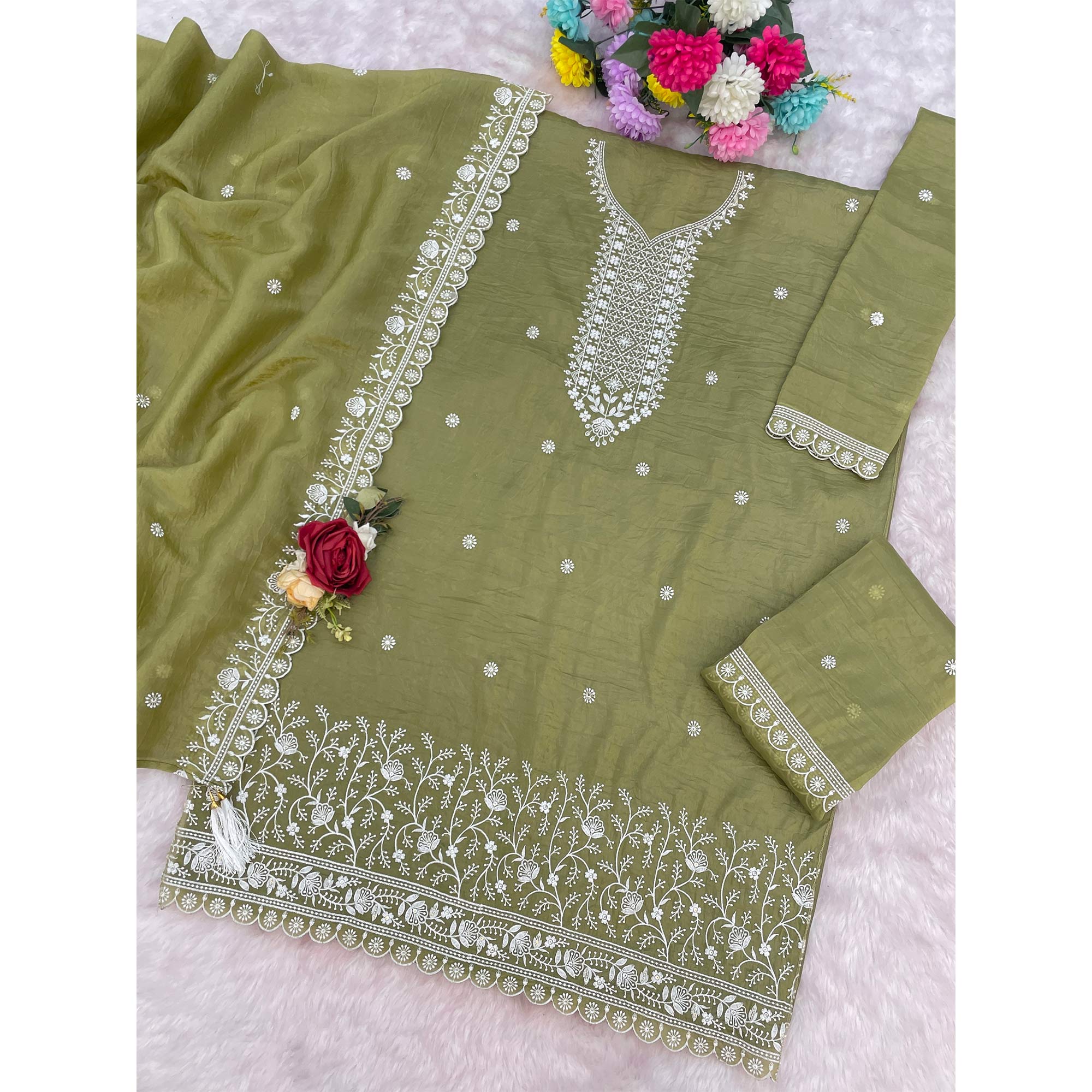 Green Elegant Embroidered Georgette Semi-Stitched Salwar Suit with Stylish Palazzo Bottoms