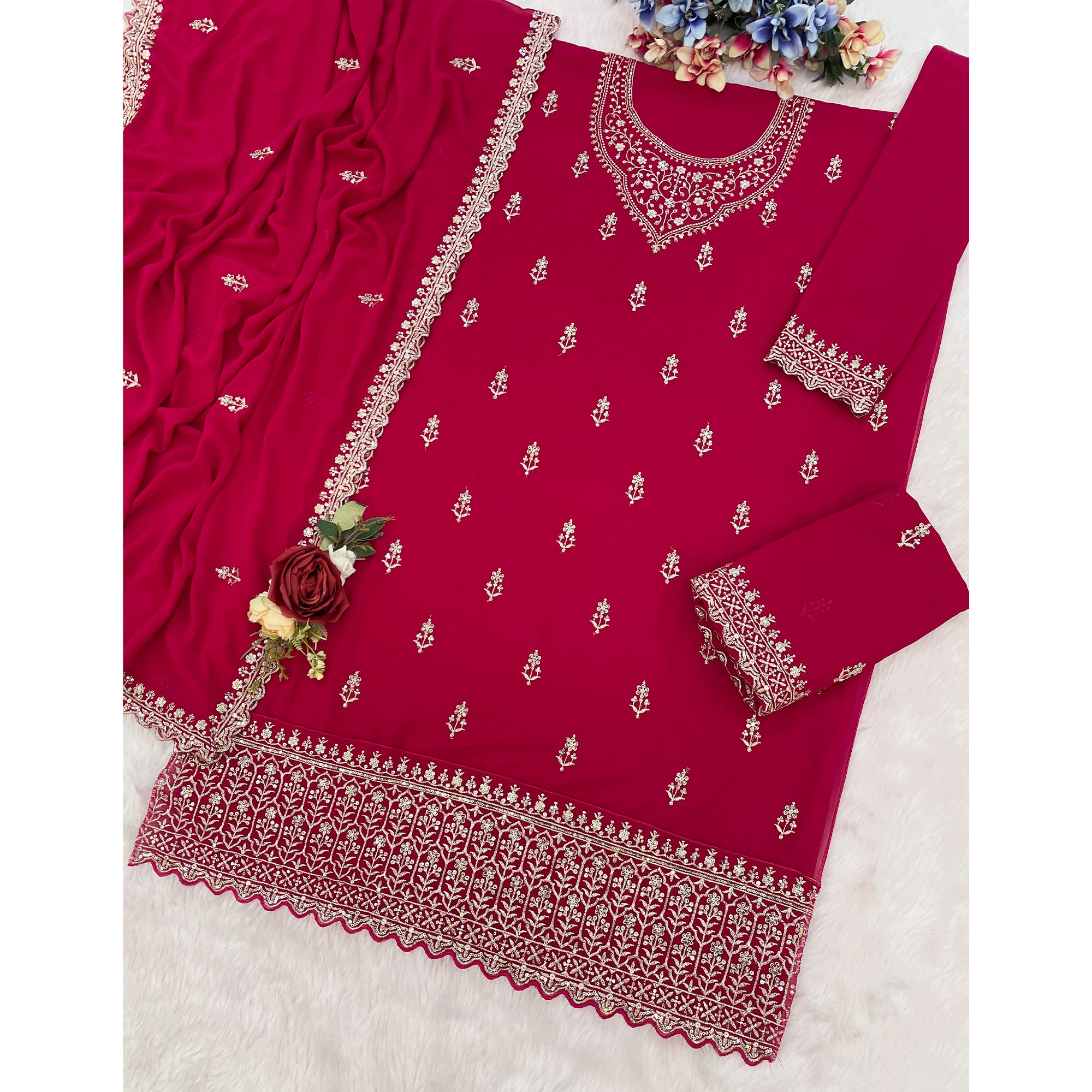 Charming Cherry Red Floral Sequins Embroidered Georgette Semi Stitched Pakistani Salwar Suit