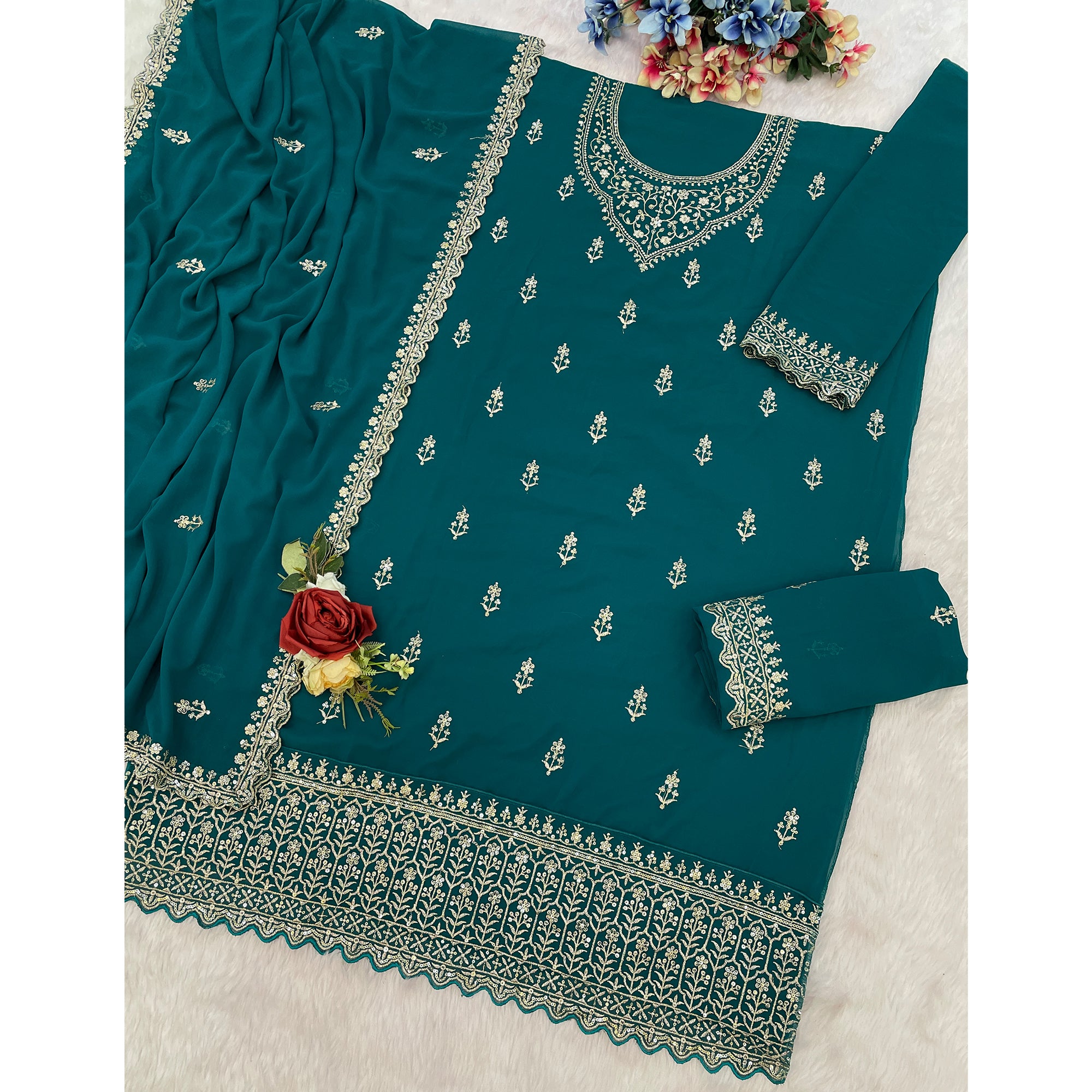 Charming Teal Floral Sequins Embroidered Georgette Semi Stitched Pakistani Salwar Suit