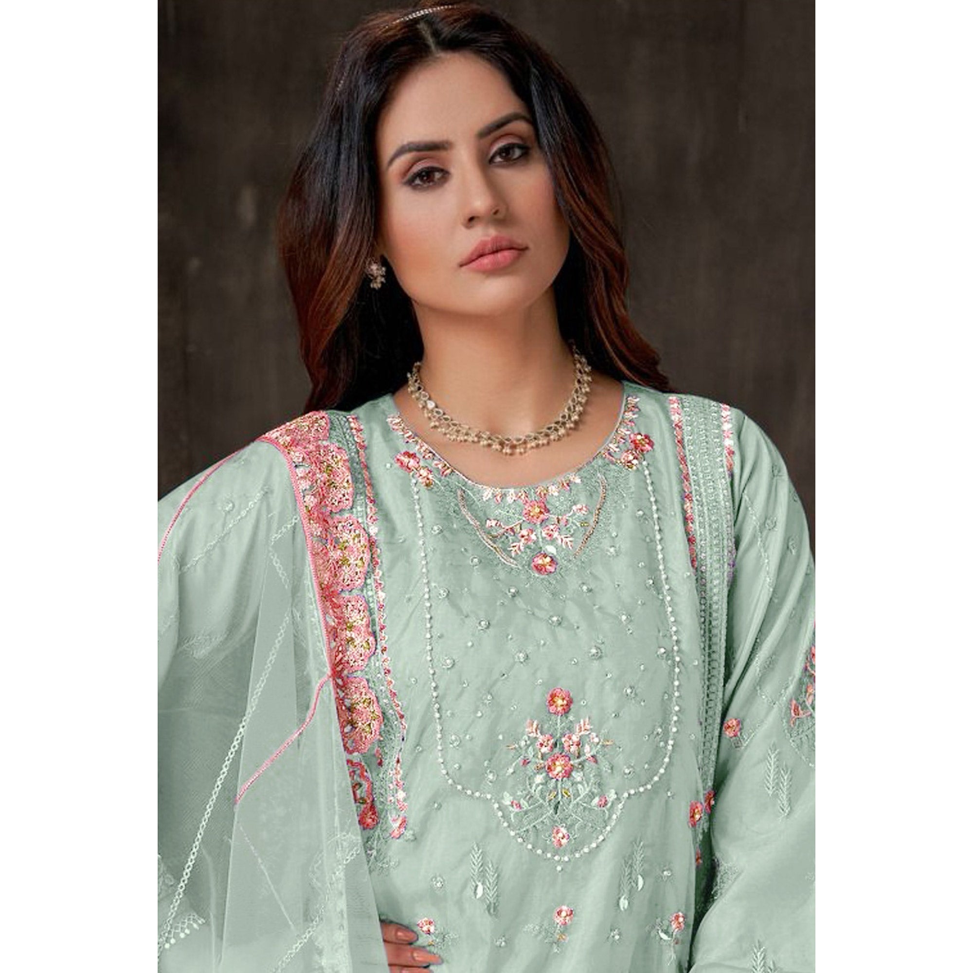 Light Green Floral Embroidered Georgette Pakistani Semi Stitched Dress Material