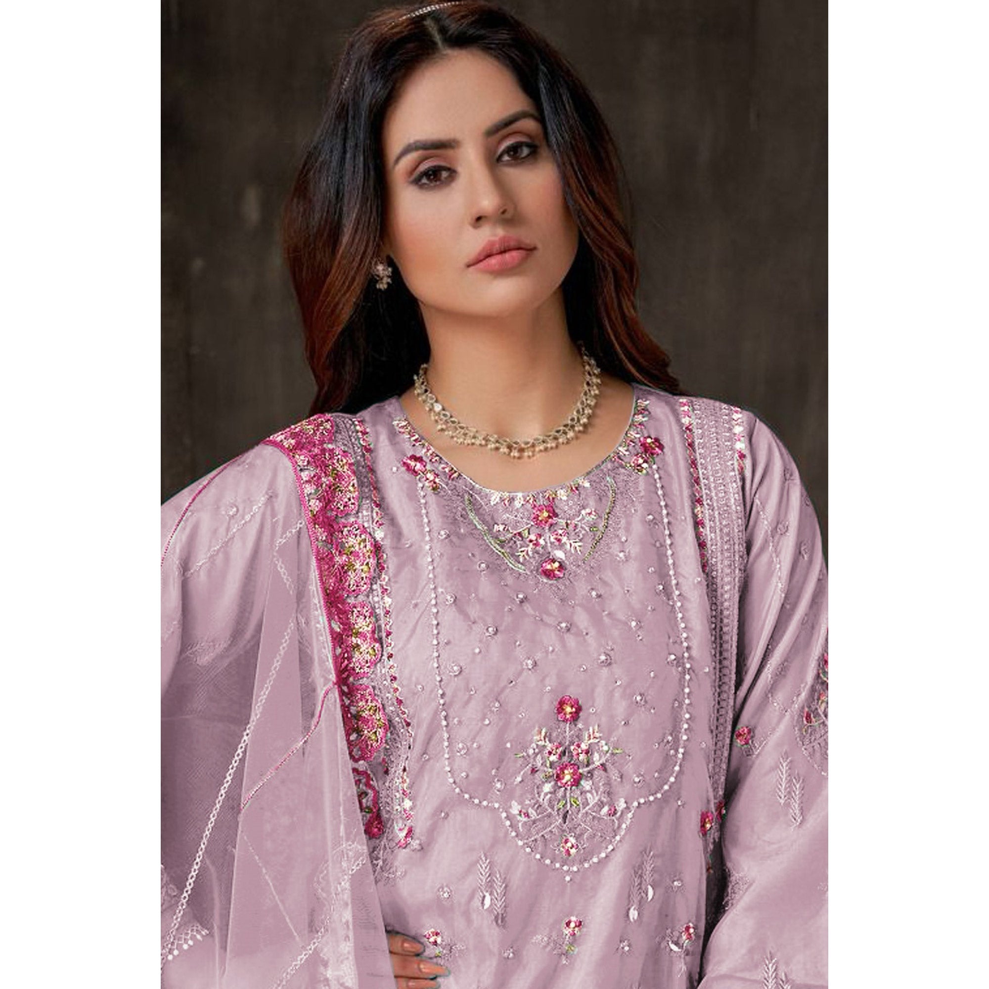 Purple Floral Embroidered Georgette Pakistani Semi Stitched Dress Material