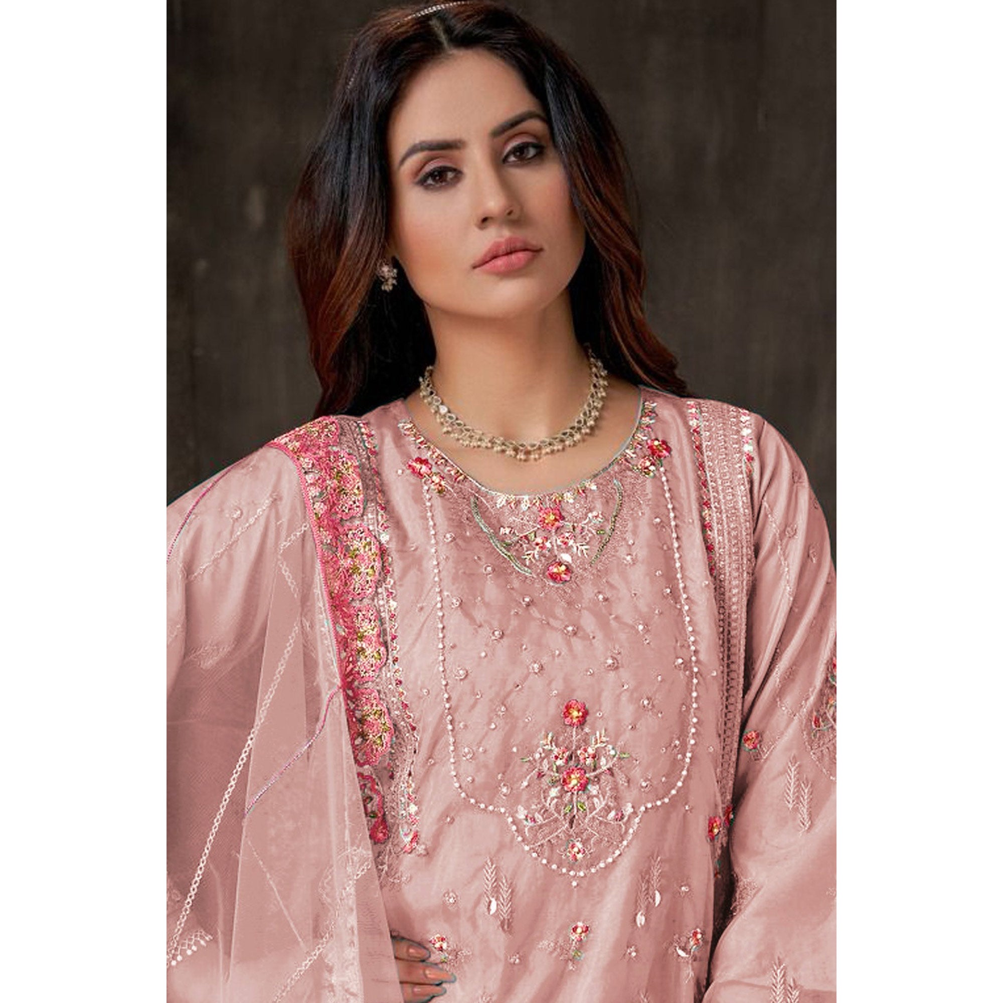 Peach Floral Embroidered Georgette Pakistani Semi Stitched Dress Material