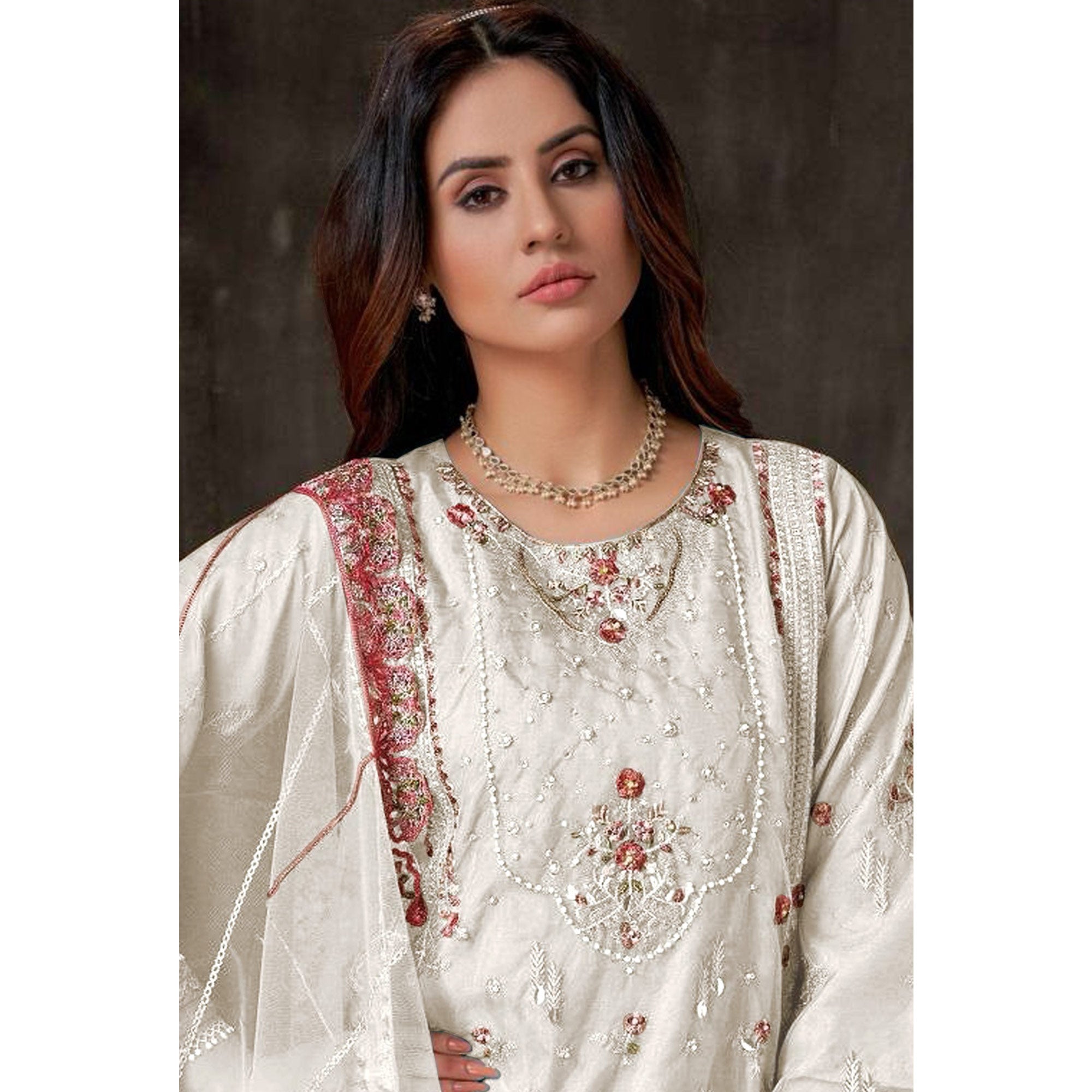 Off white Floral Embroidered Georgette Pakistani Semi Stitched Dress Material