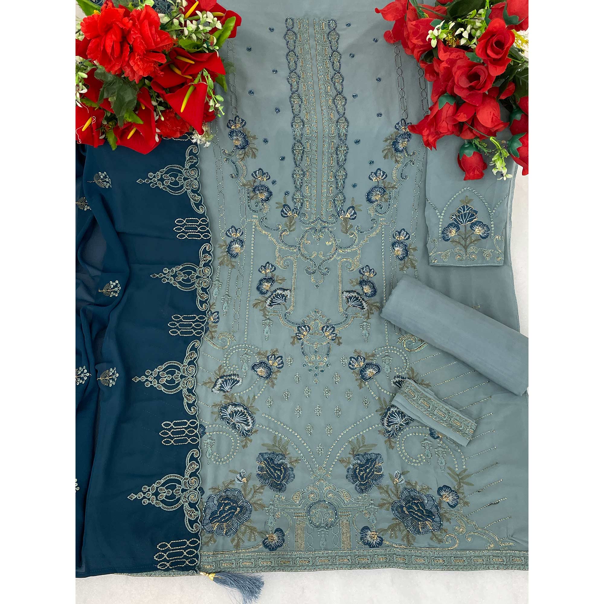 Blue Floral Embroidered Georgette Semi Stitched Pakistani Suit